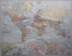 Large Original Vintage Map of The World, circa 1920
