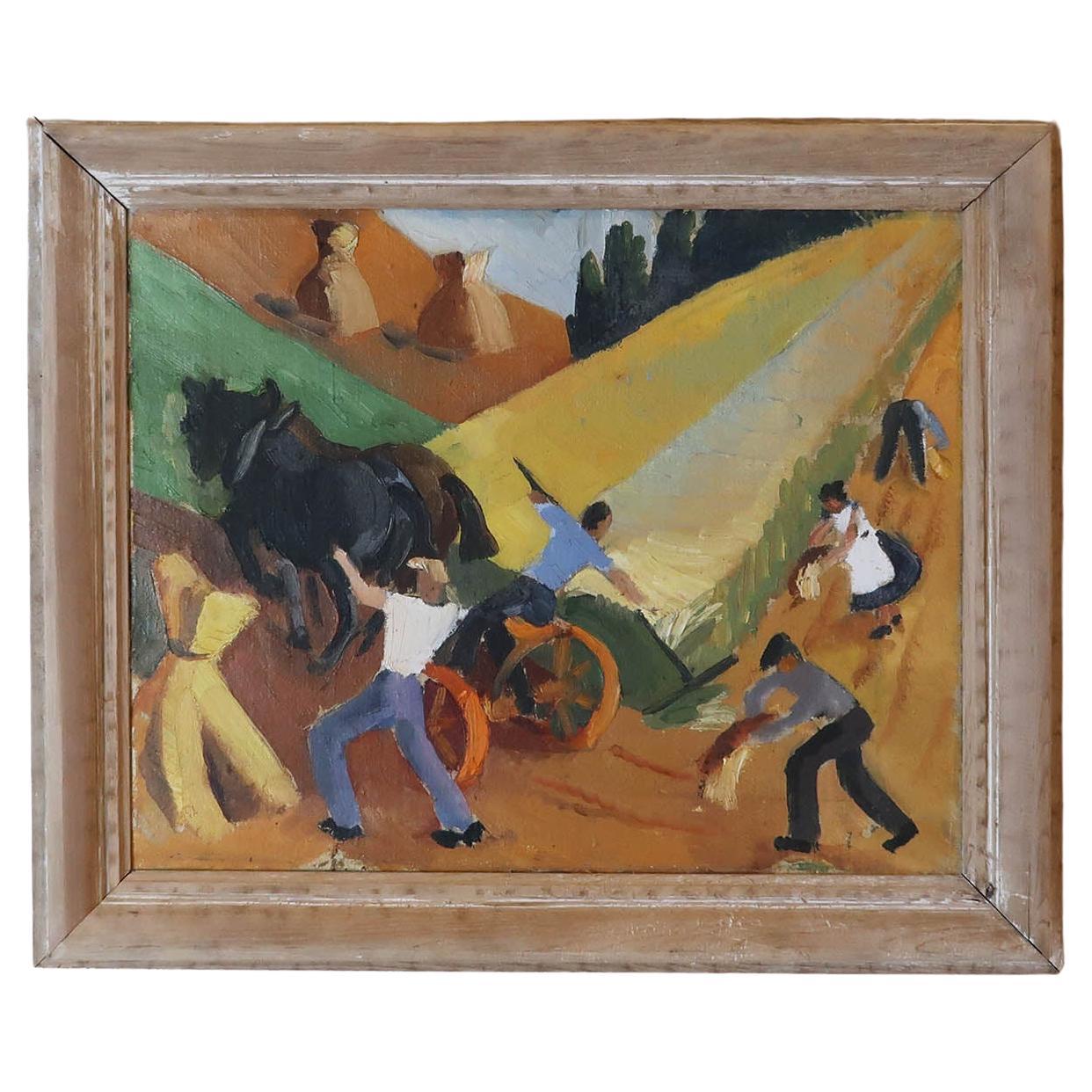 Harvesting The Wheat, Oil on Canvas, Italian, 1950s For Sale