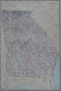 Grande carte ancienne de la Géorgie, USA, circa 1900