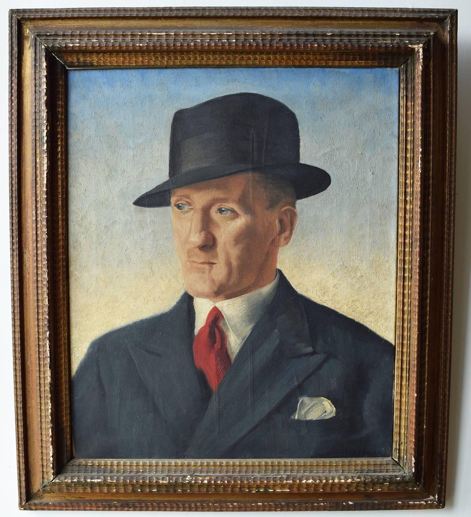 Wonderful portrait of a man in Italian Futurist style. Oil on canvas. Signed by Nadine Hay-walker and Dated 1940 (lower right).It also has Rene Magritte surrealist look. The antique gilt frame is original and most likely chosen by the