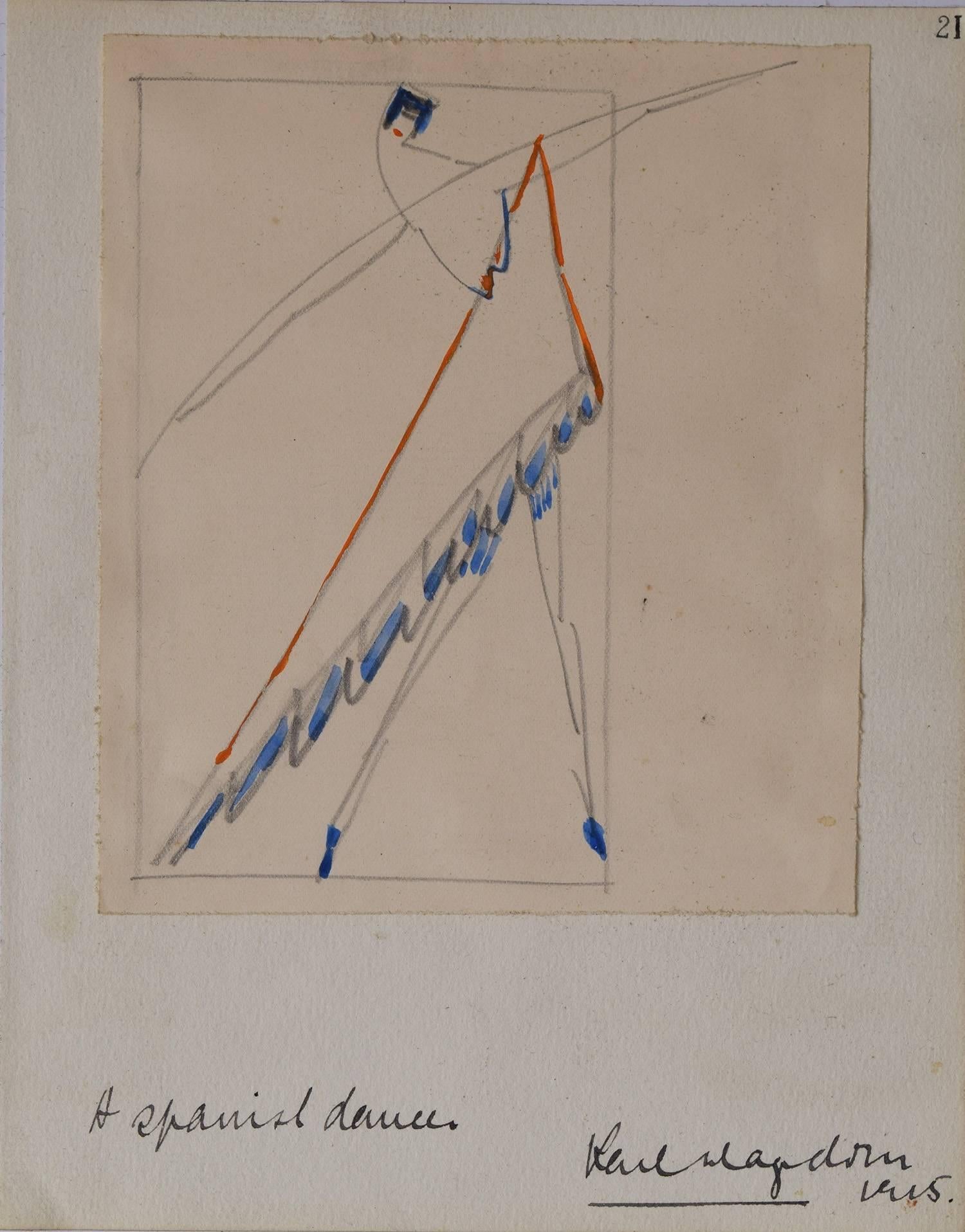 
Wonderfully pioneering and technically skillful cubist drawing.

Titled- A Spanish dancer

Signed indistinctly and dated 1915.

The actual drawing is fixed down to another piece of paper. The actual drawing measures 5.5 x 5 inches. The lower piece
