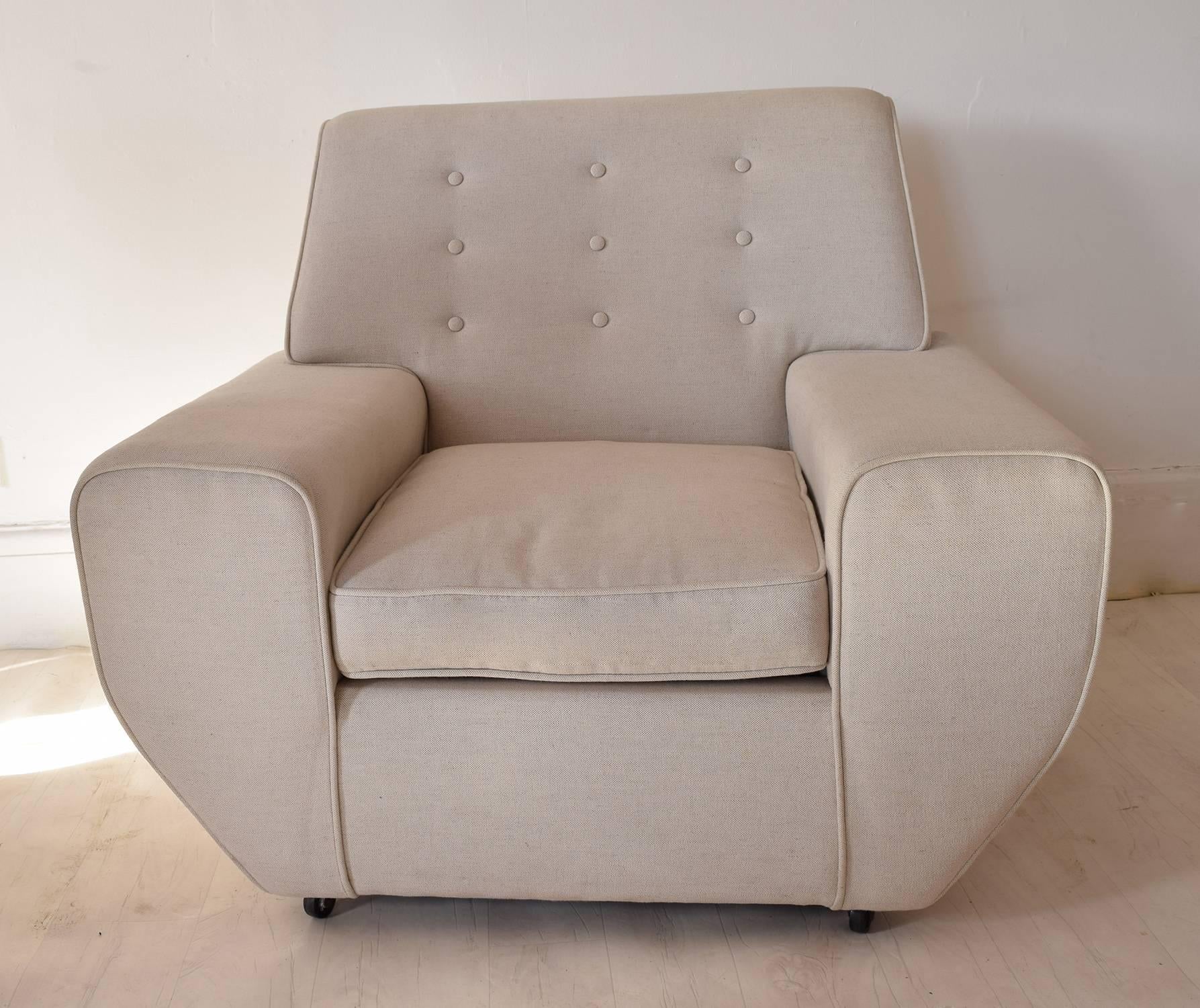 English Pair of Geometric Cream Linen Upholstered Mid Century Lounge Chairs. 
