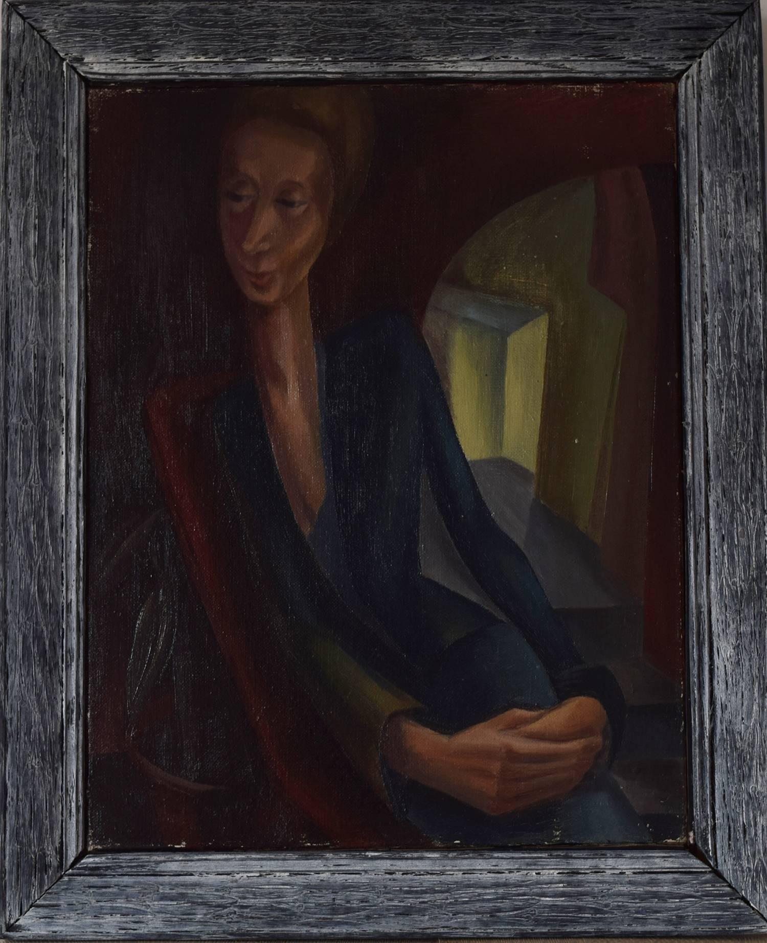 
Wonderful image of a lady in an interior.

Oil on canvas, unsigned.

The artist is Iris Hardcastle. She is a Leeds/Bradford artist (North England ) who worked in the 1940s. She has exhibited at the Bradford City Art Gallery.

The frame is