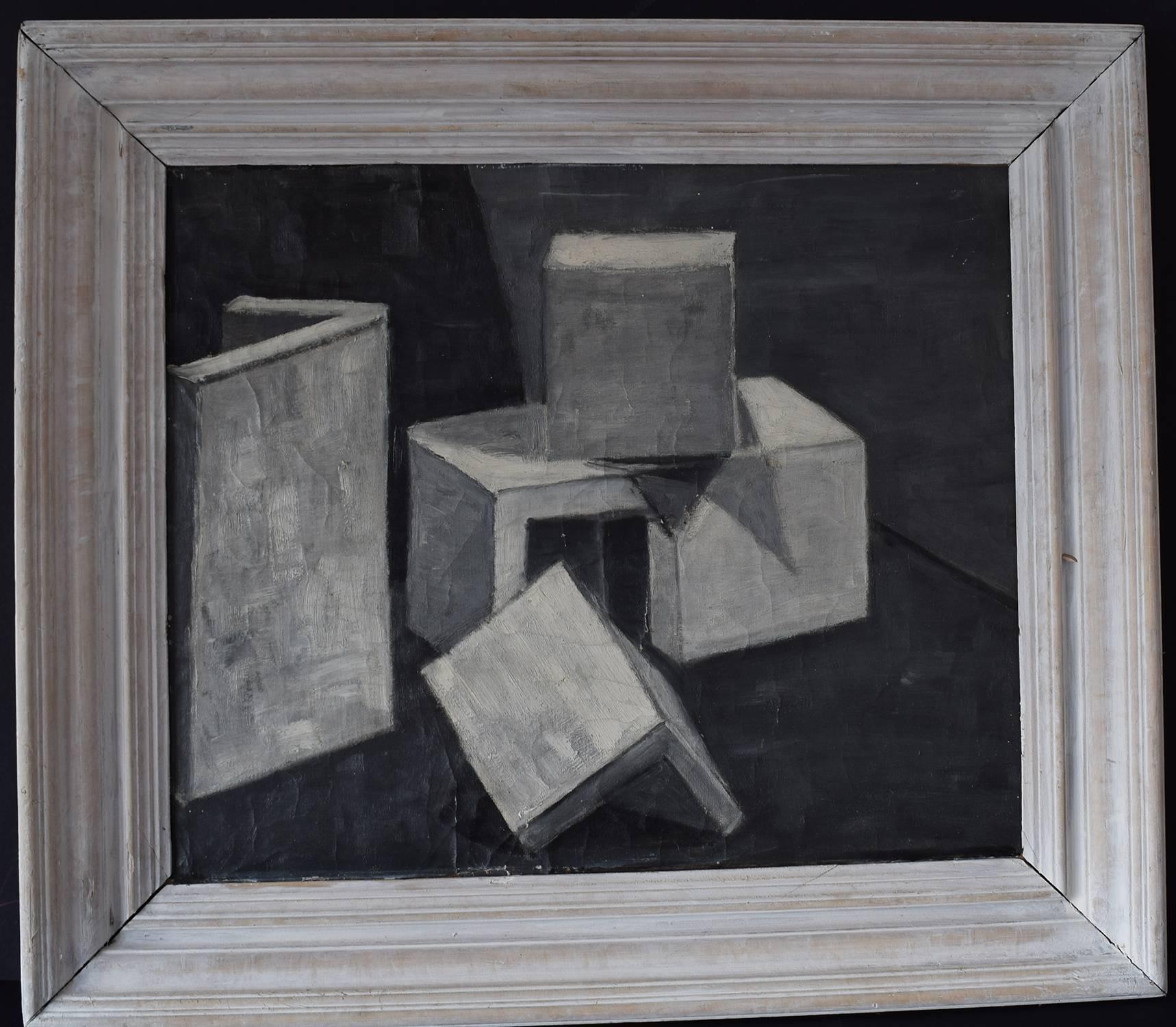 
Wonderful study of geometric forms in monochrome.

Slightly surrealist.

Artist unknown.

Oil on paper.

Presented in an old distressed painted pine frame.