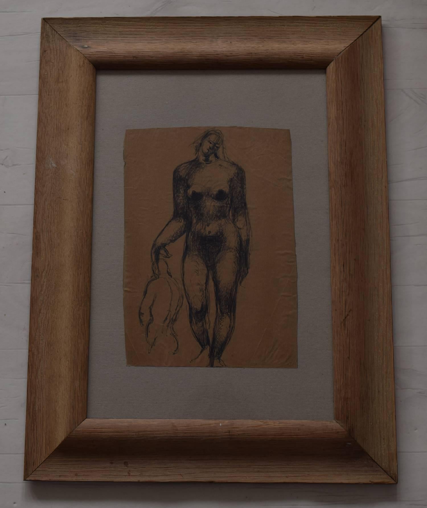 
A wonderful ink drawing on brown paper of a female nude by Peter William Ibbetson, an artist with good pedigree.

He was responsible for the Science Mural at the Festival of Britain in 1951. 

B. 1908-1975.

Very similar in style to Henry