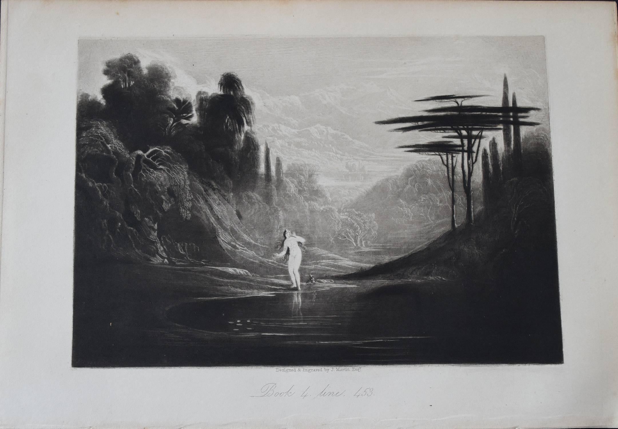 
Wonderful mezzotint by John Martin from John Milton's Paradise Lost. 

Published by Septimus Prowett, 1827. 

Unframed. 

Full margins.

On good quality wove paper.

We can frame the print for you if you require.