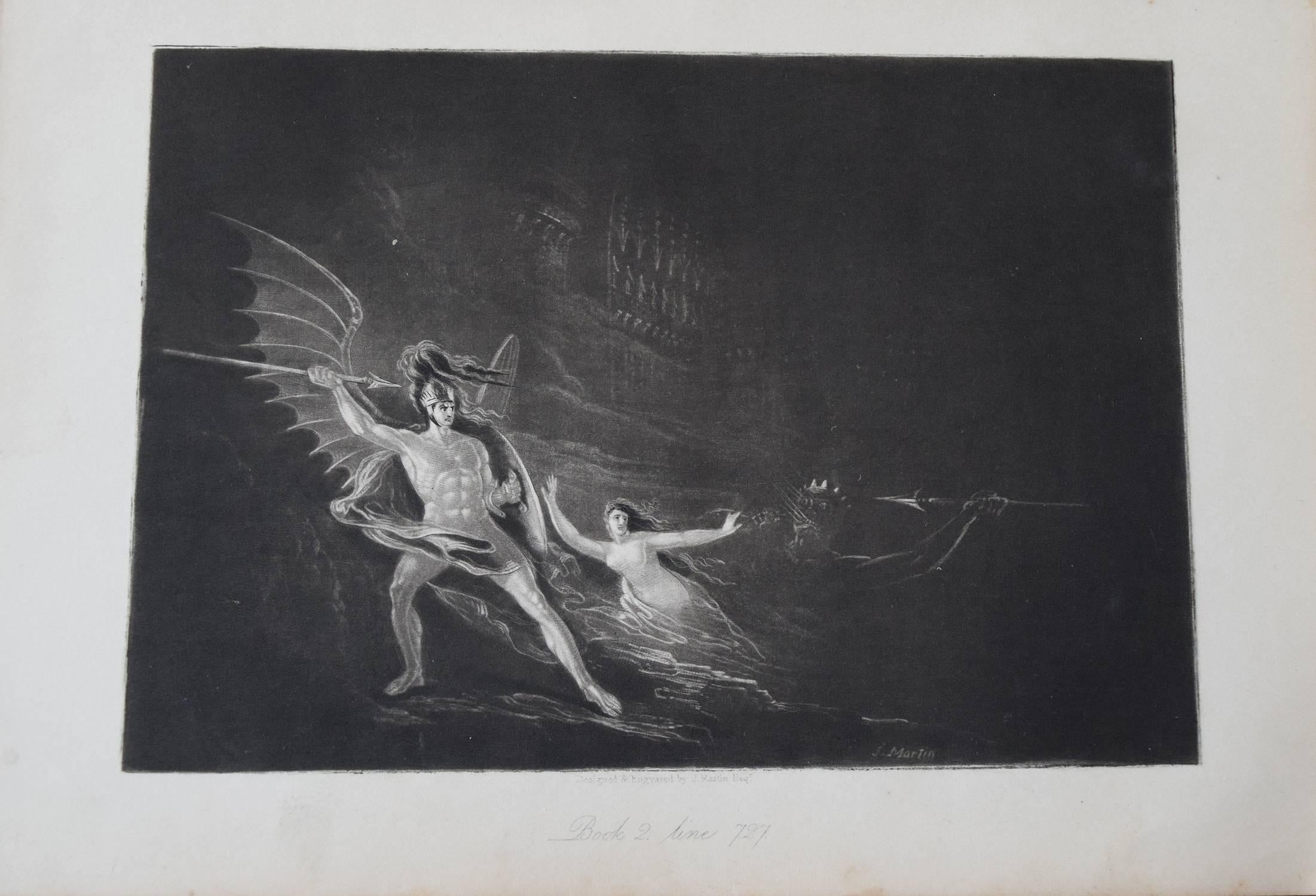 
Wonderful mezzotint by John Martin from John Milton's Paradise Lost. 

Published by Septimus Prowett, 1827. 

Unframed. 

Full margins. 

On good quality wove paper.

We can frame the print for you if you require.