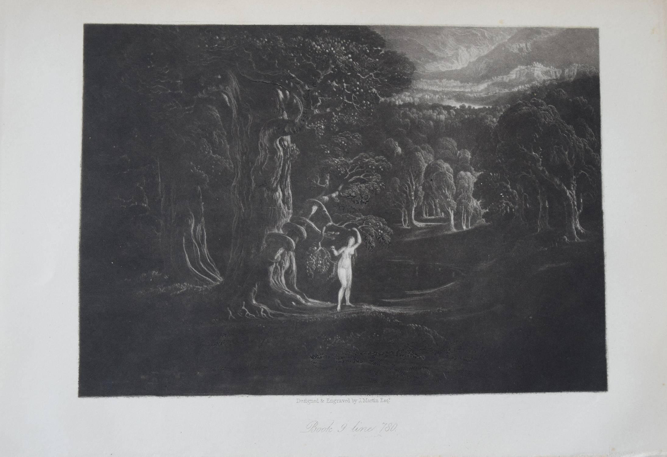 
Wonderful mezzotint by John Martin from John Milton's Paradise Lost. 

Published by Septimus Prowett, 1827. 

Unframed. 

Full margins. 

On good quality wove paper.

We can frame the print for you if you require.