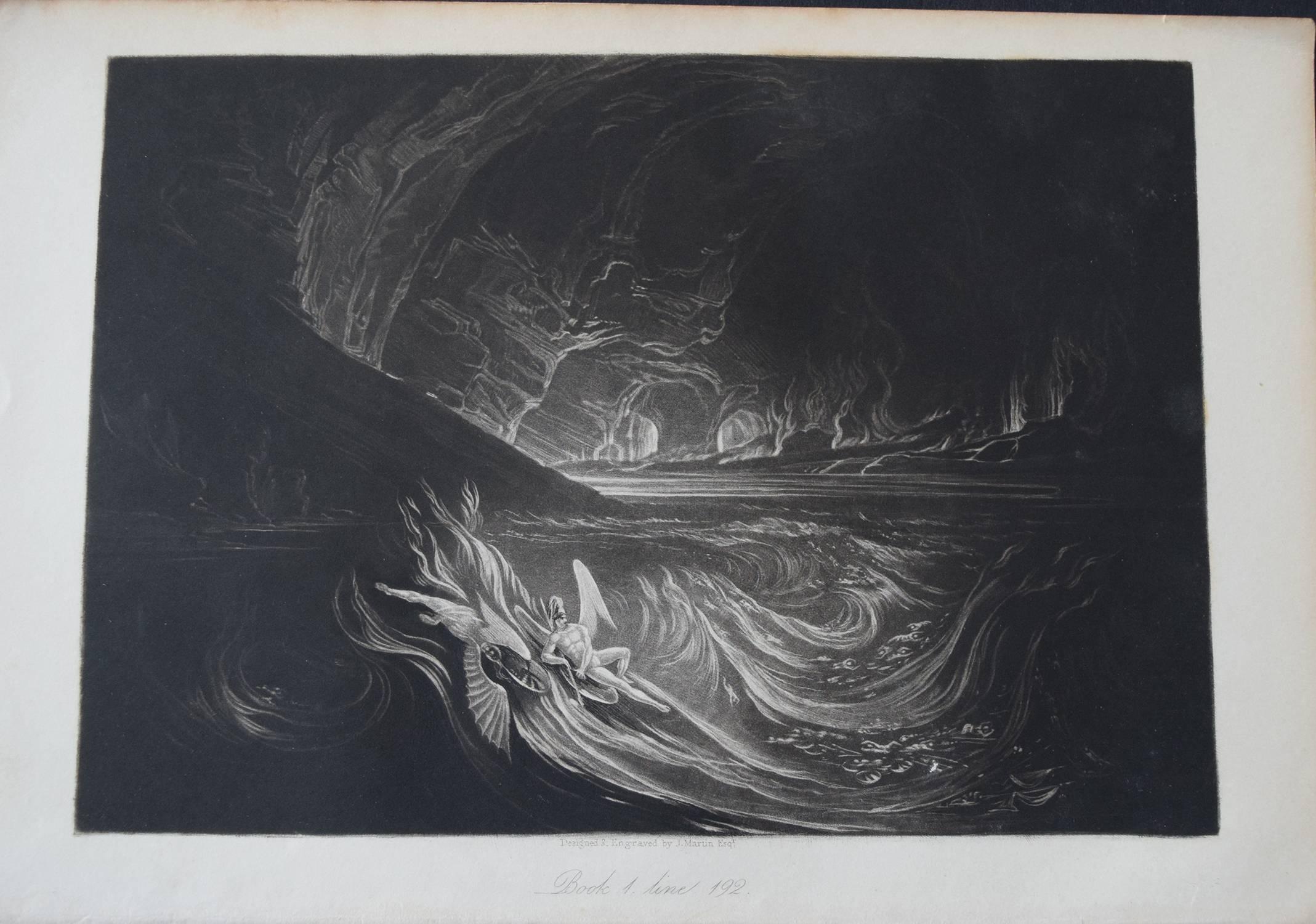 
Wonderful mezzotint by John Martin from John Milton's Paradise Lost. 

Published by Septimus Prowett, 1827.

Unframed. 

Full margins. 

On good quality wove paper.

We can frame the print for you if you require.