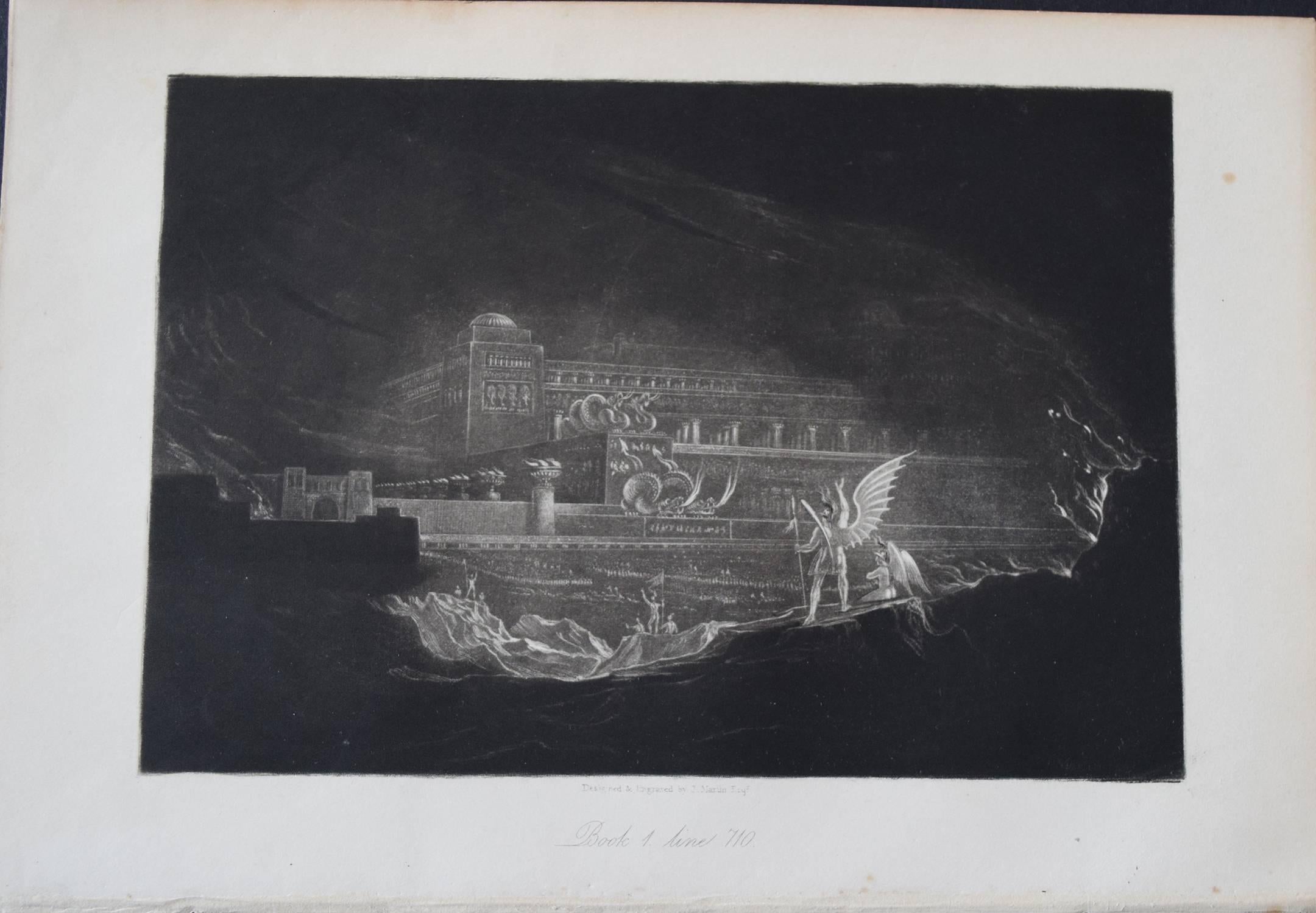 Wonderful mezzotint by John Martin from John Milton's Paradise Lost. Published by Septimus Prowett, 1827. Unframed. Full margins. On good quality wove paper.
We can frame the print for you if you require.