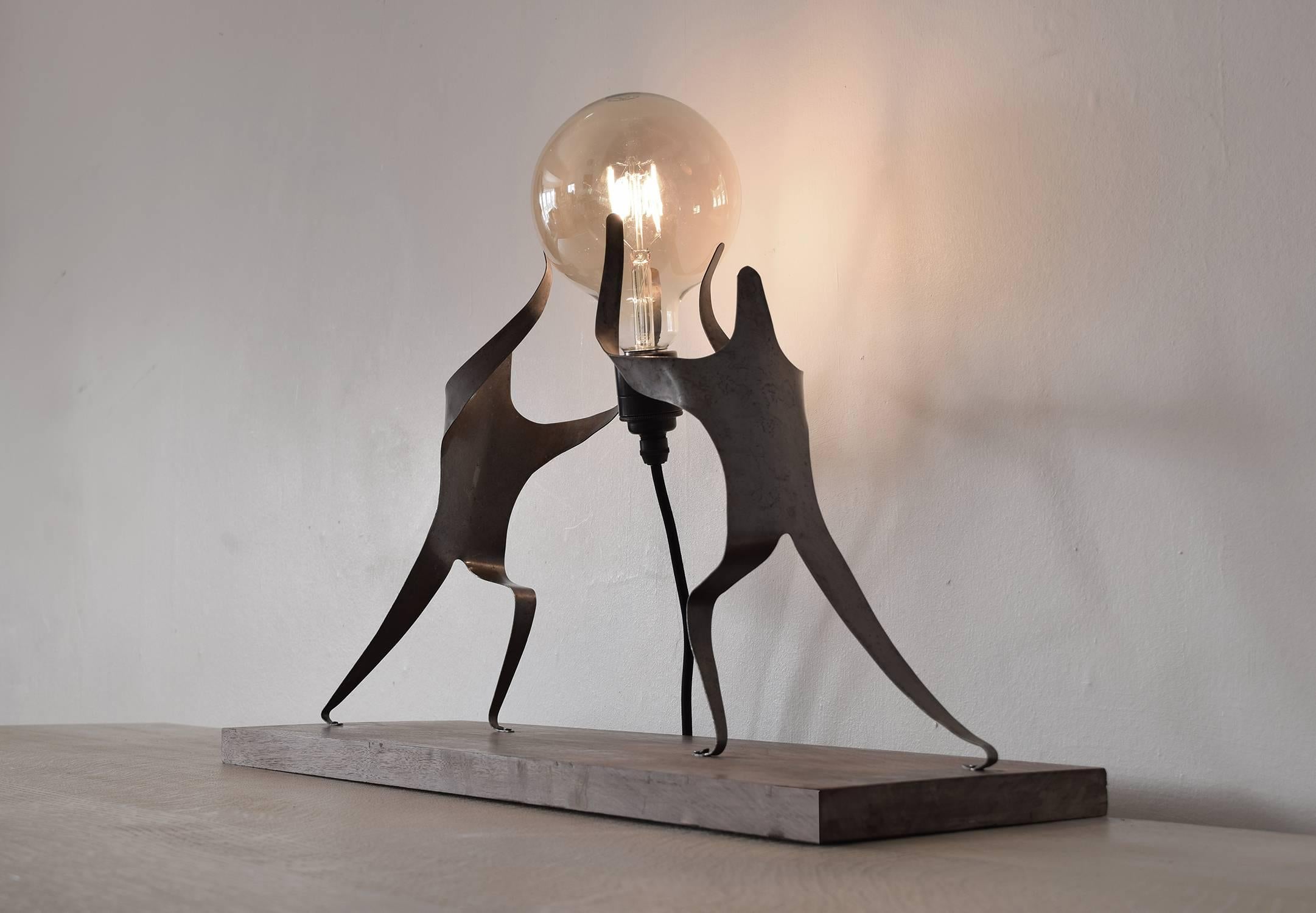Hand-Crafted Sculptural Table Lamp. Steel and Walnut, 2015