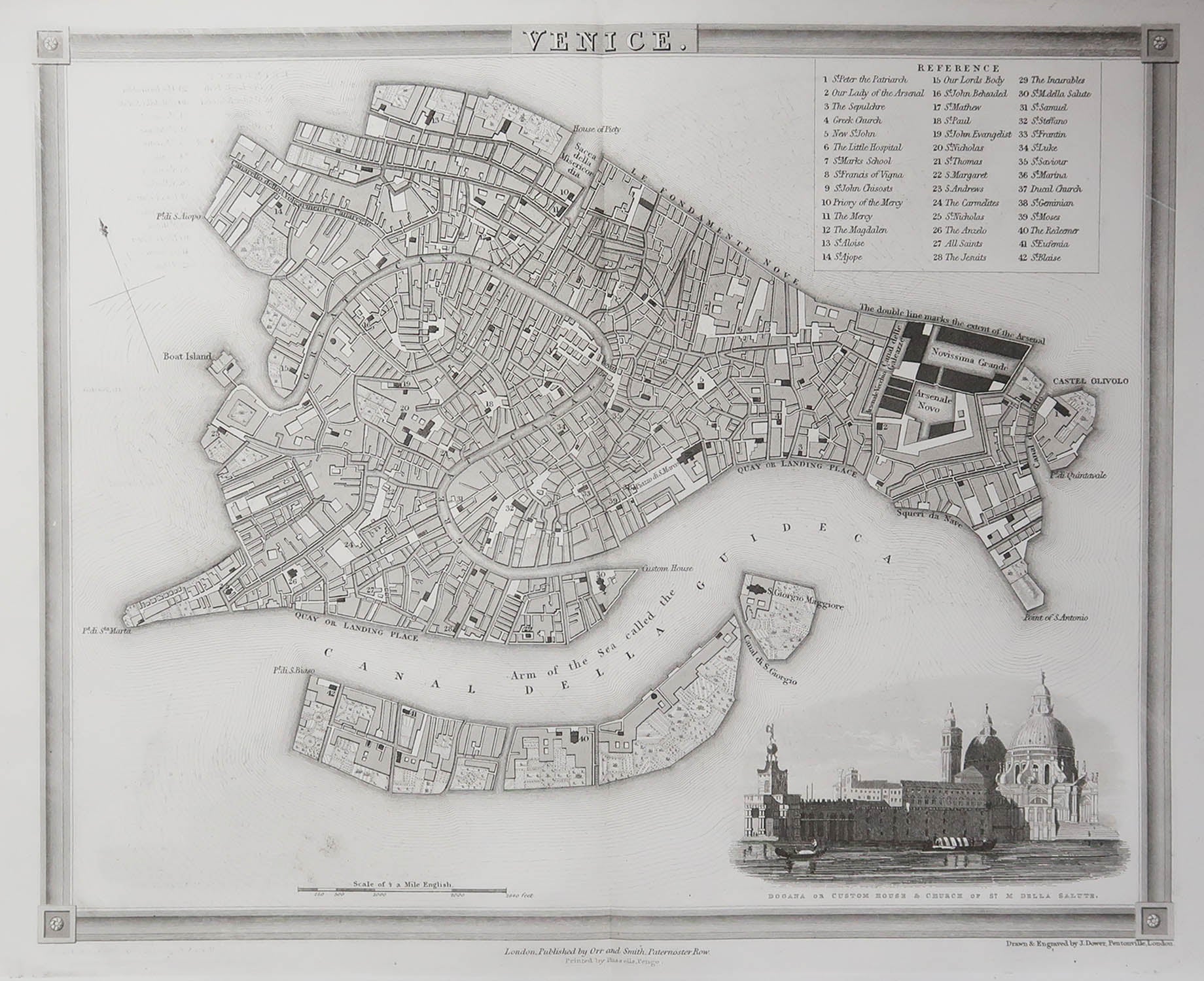 Carte ancienne originale ou plan de la ville de Venise, Italie. Circa 1835