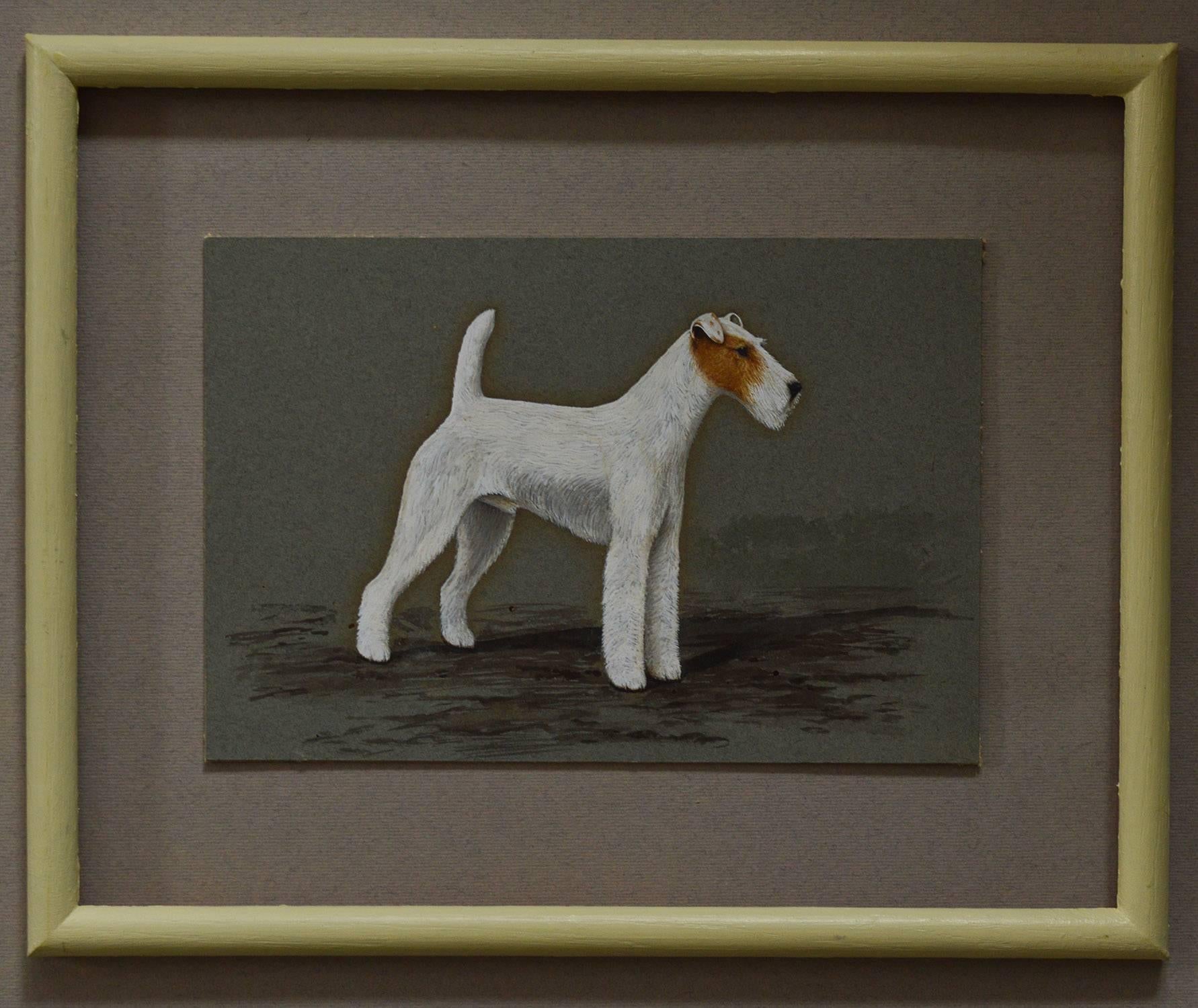 
Charming image of a fox terrier with a lovely face.

Painted in gouache on card. Super quality. Artist unknown.

Presented in a painted faux ivory frame.

The measurement given below is the size of the frame.