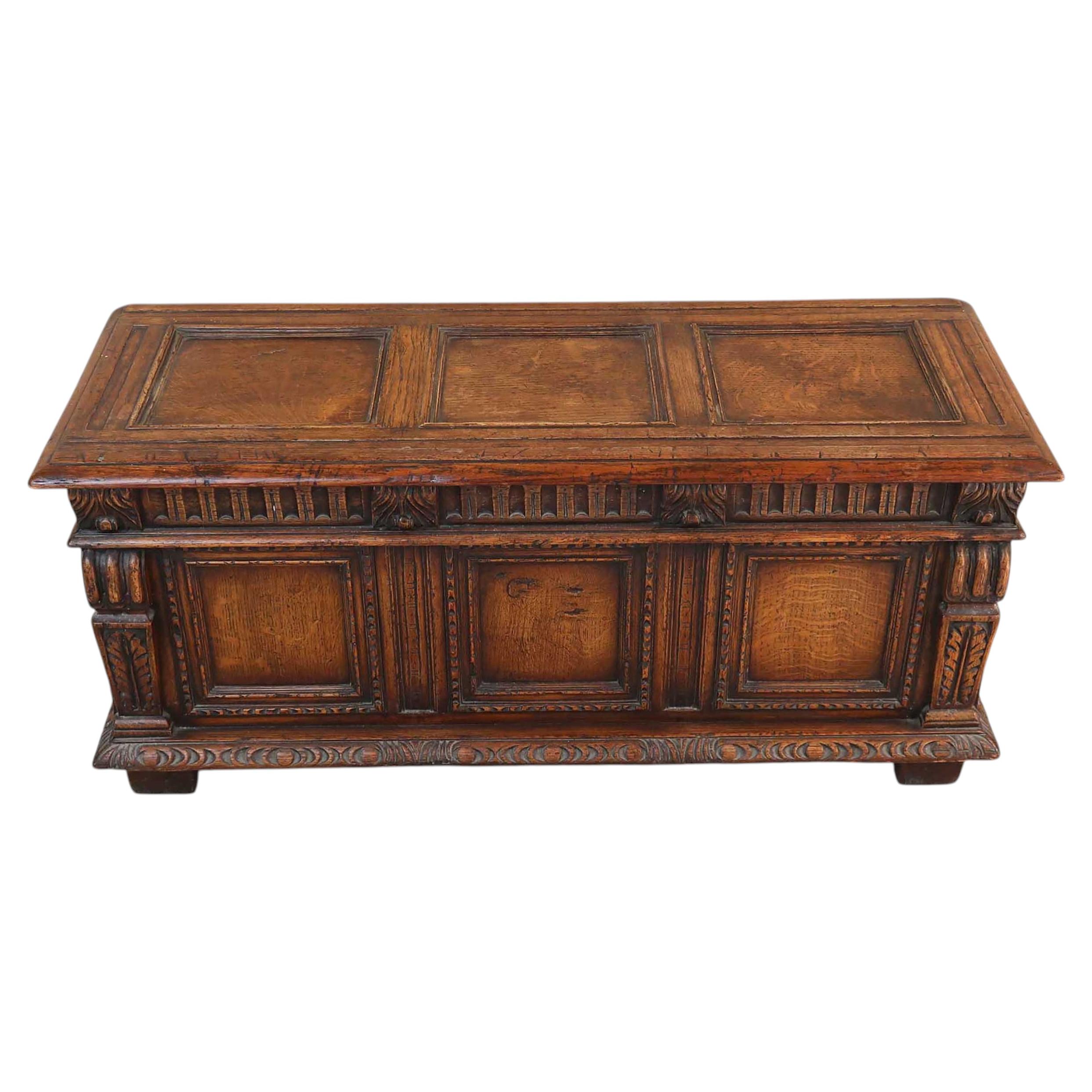 Small Antique Renaissance Style Carved Oak Blanket Chest. English C.1920