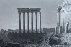 Impression ancienne originale du temple de Baalbek, Liban, Daté de 1838