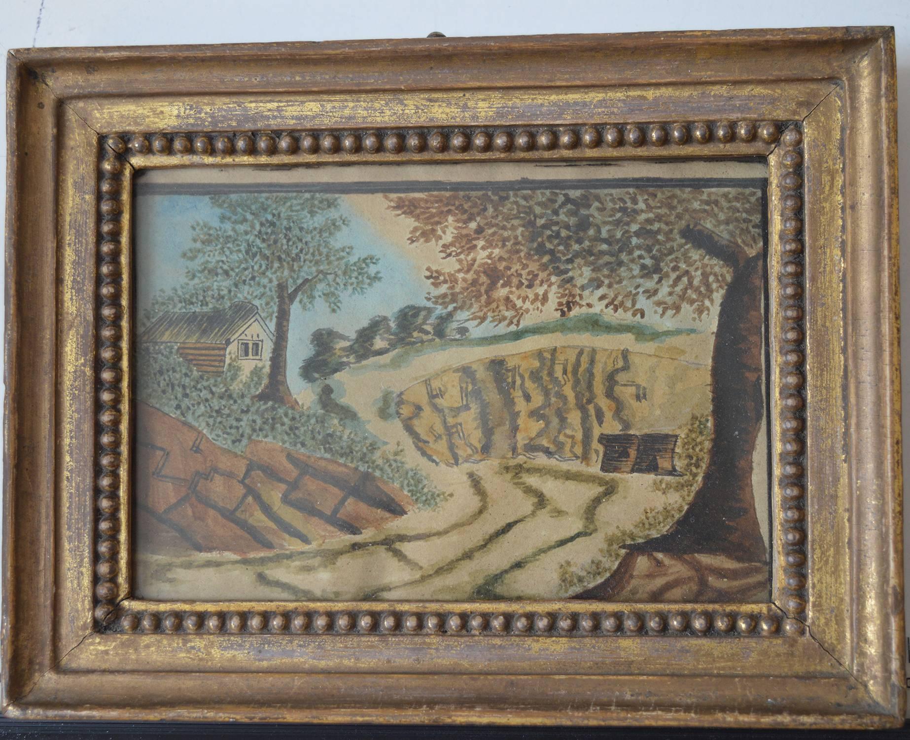 Wonderful primitive or naive image in muted colors.

One of a set of three.

Gouache on paper. Artist unknown.

Original distressed gilt frame.

Untouched at the back.
 