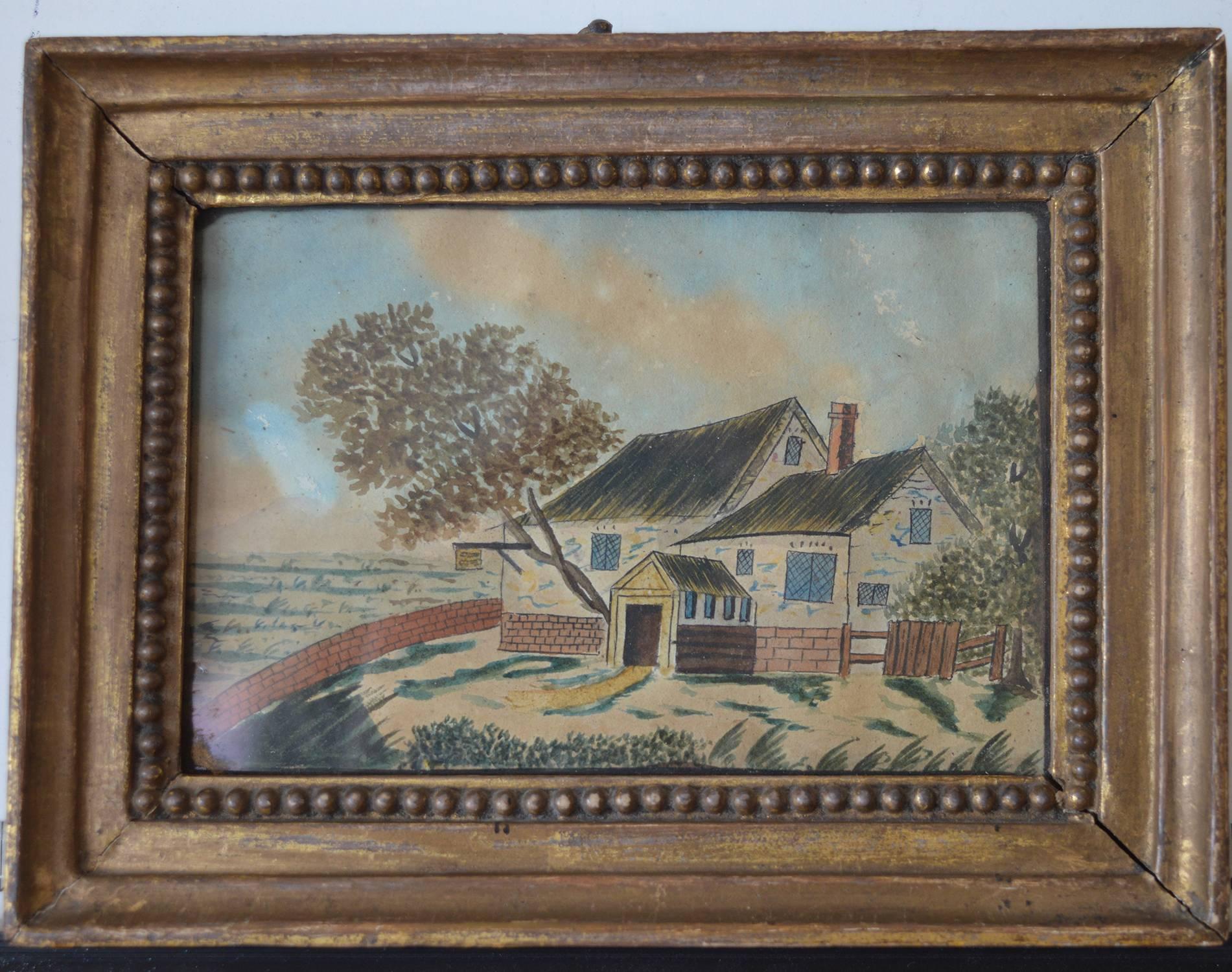 
Wonderful primitive or naive image in muted colors.

One of a Set of three.

Gouache on paper. Artist unknown.

Original distressed gilt frame.

Untouched at the back.