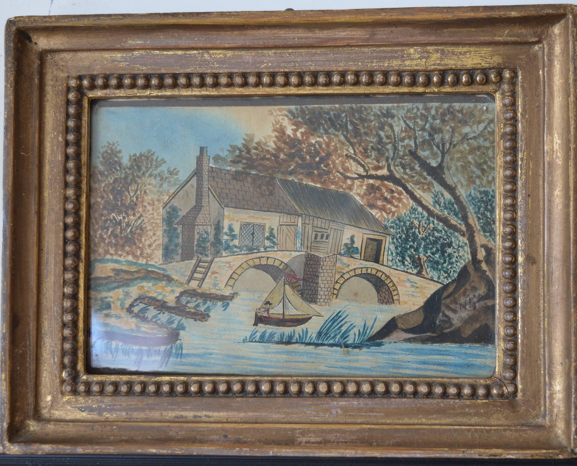 
Wonderful primitive or naive image in muted colors.

One of a set of three.

Gouache on paper. Artist unknown.

Original distressed gilt frame.

Untouched at the back.