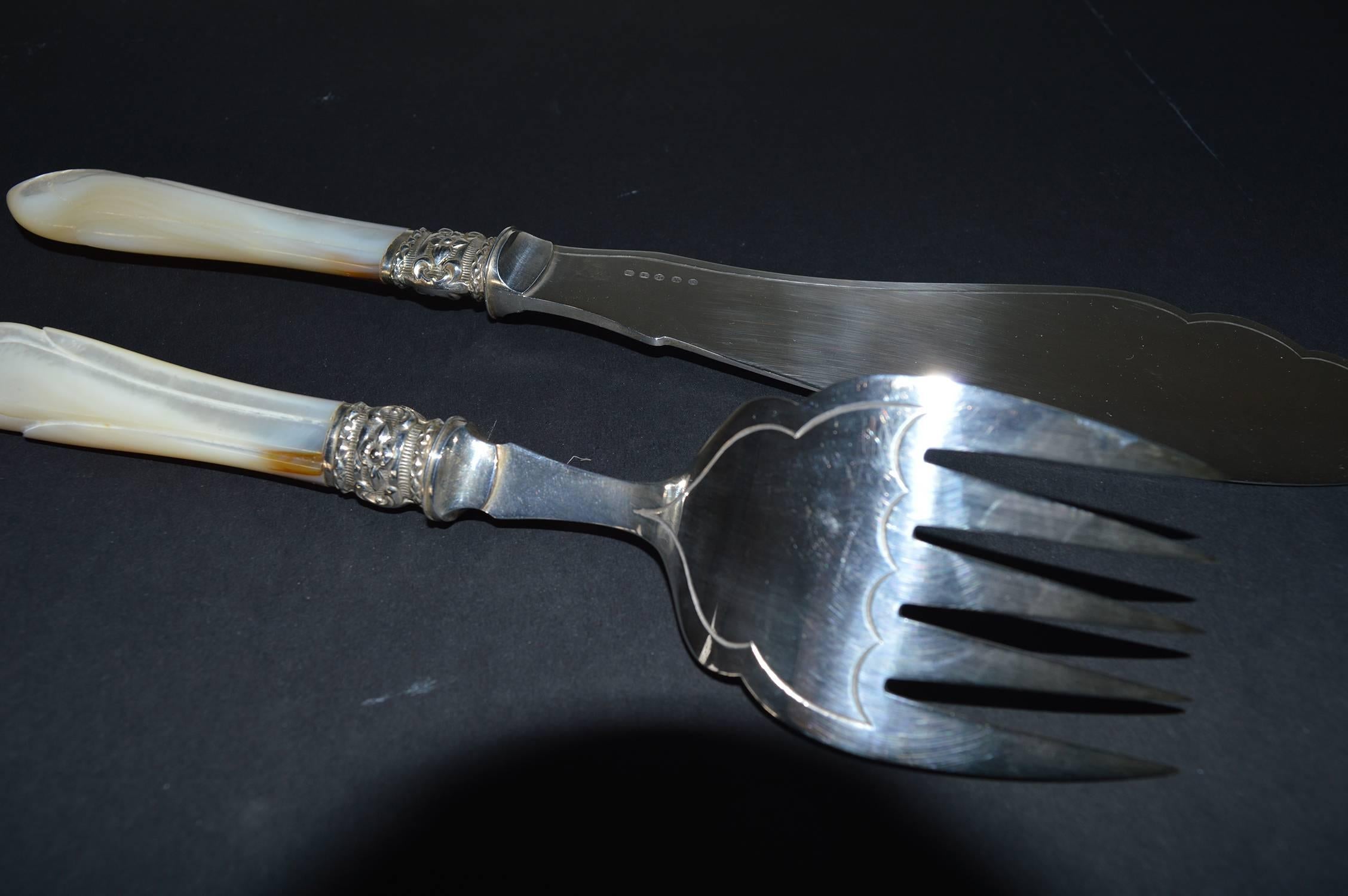 Carved Antique Mother-of-Pearl Handled Fish Servers, English, circa 1910