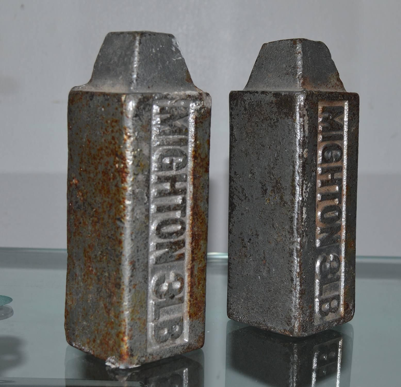 Industrial Pair of Antique Painted Cast Iron 3lb Weights / Bookends
