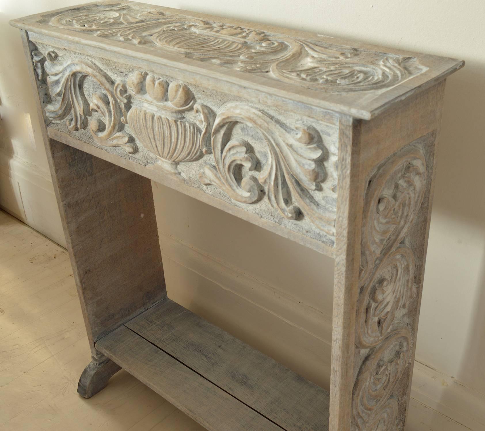 Carved Small Antique Limed Oak Console Table, English, 19th Century