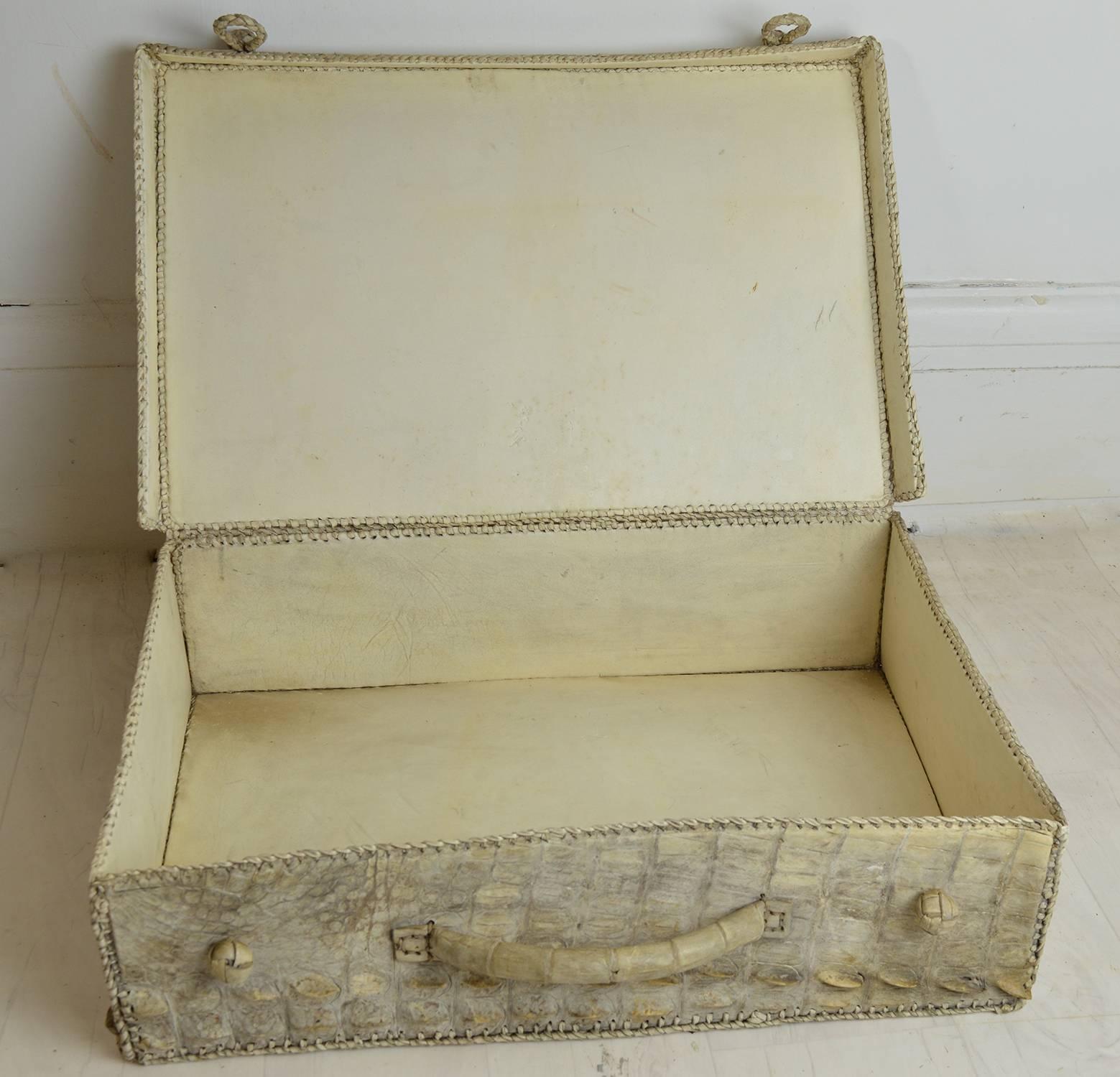 Hand-Crafted Vintage White Crocodile Skin Suitcase, Mid-20th Century