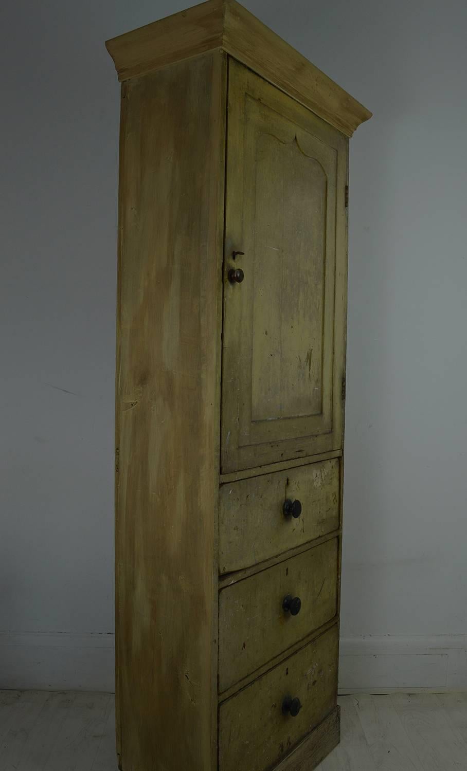 Pine Antique Pale Yellow Painted Cupboard, English, 19th Century