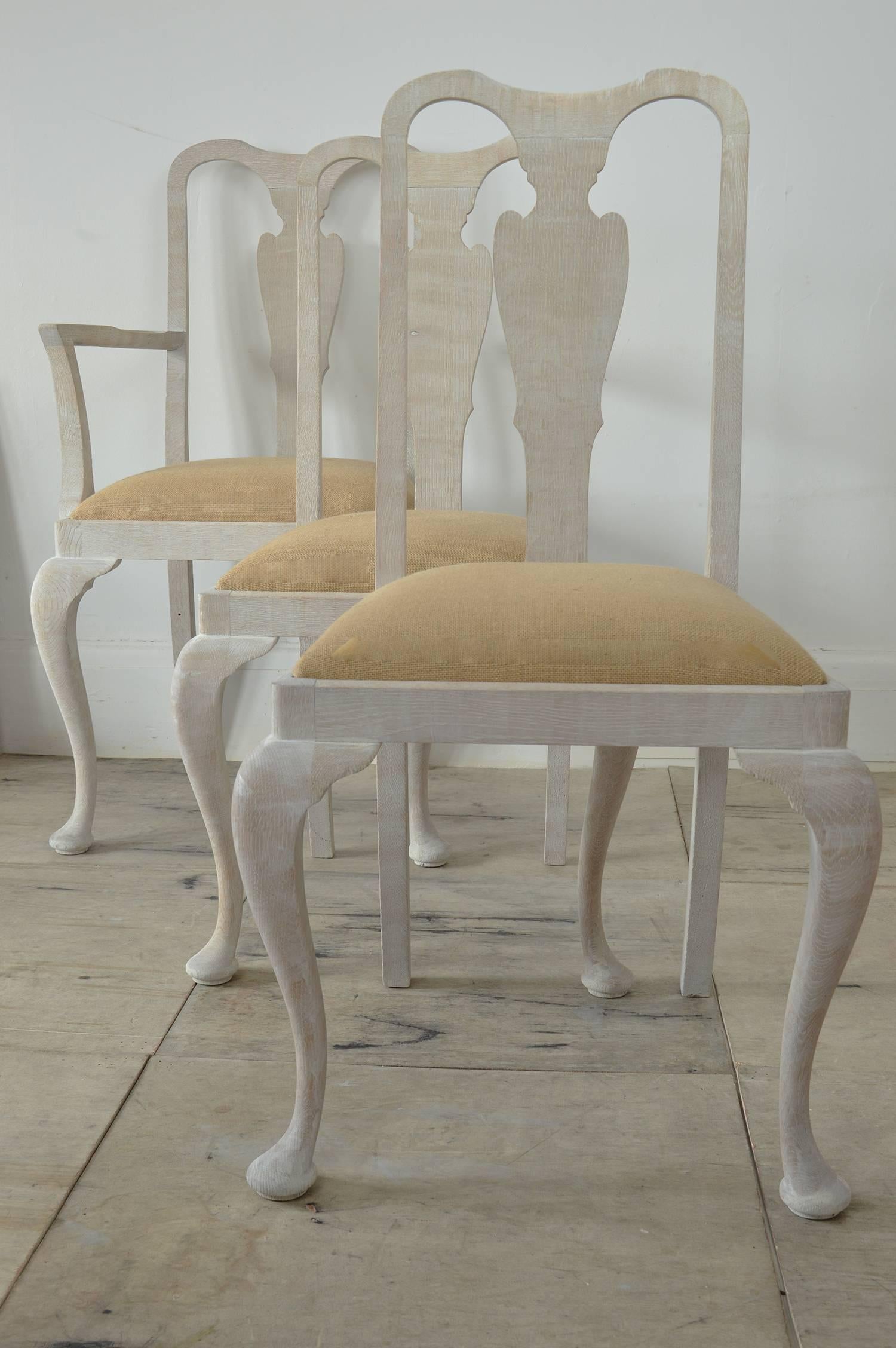 
A set of six lovely informal dining chairs consisting of four singles and two carvers.

The chairs have been recently limed to enhance the beautiful grain in the wood.

They have also been checked by my cabinet maker to ensure all the joints