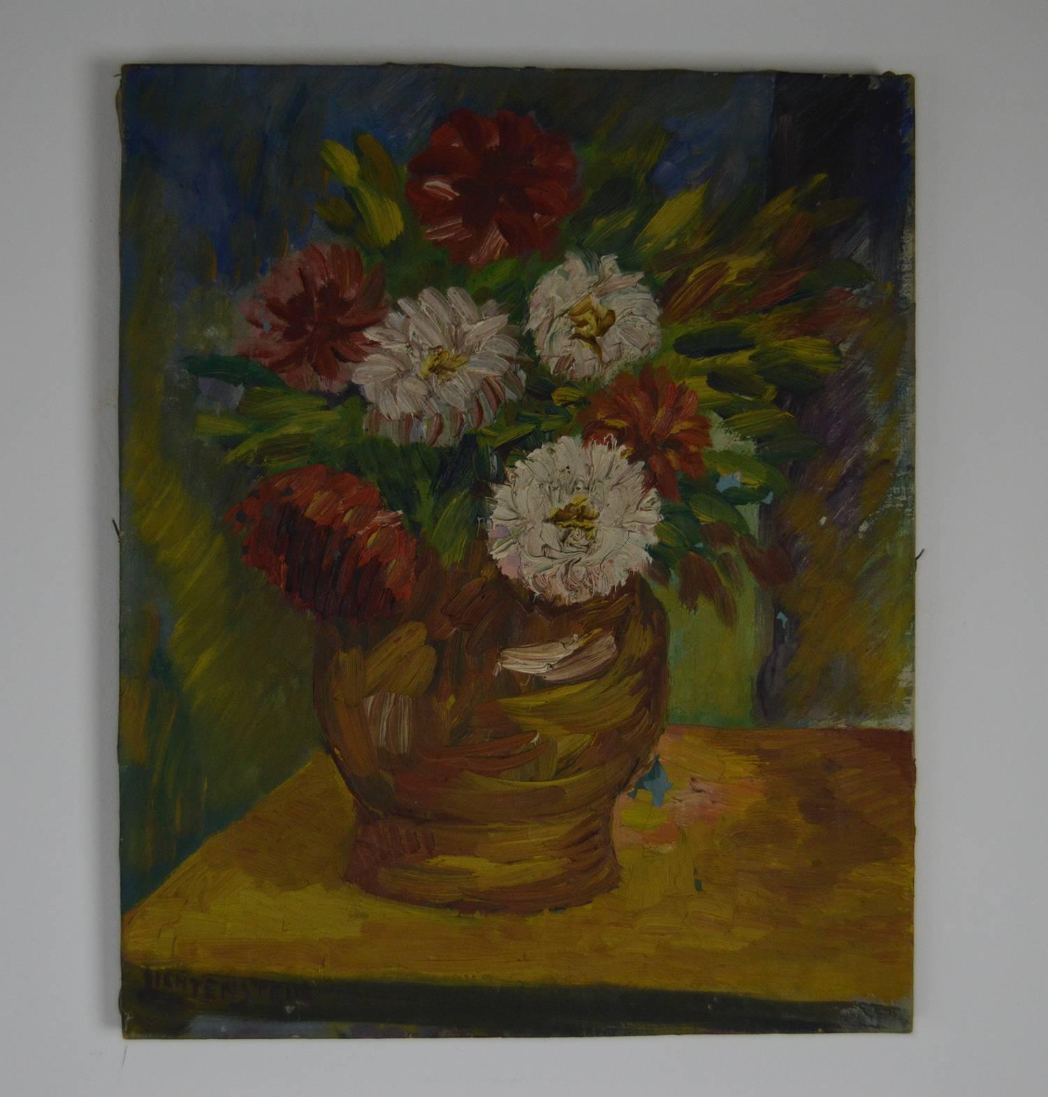 Wonderful painting of chrysanthemums in delightful bright colors.

Oil on canvas. Unframed. Signed lower left.

Painted in high relief particularly the flowers.

By Isaac Lichtenstein. Born Poland 1887-1981. Studied in Paris. Jewish emigree.