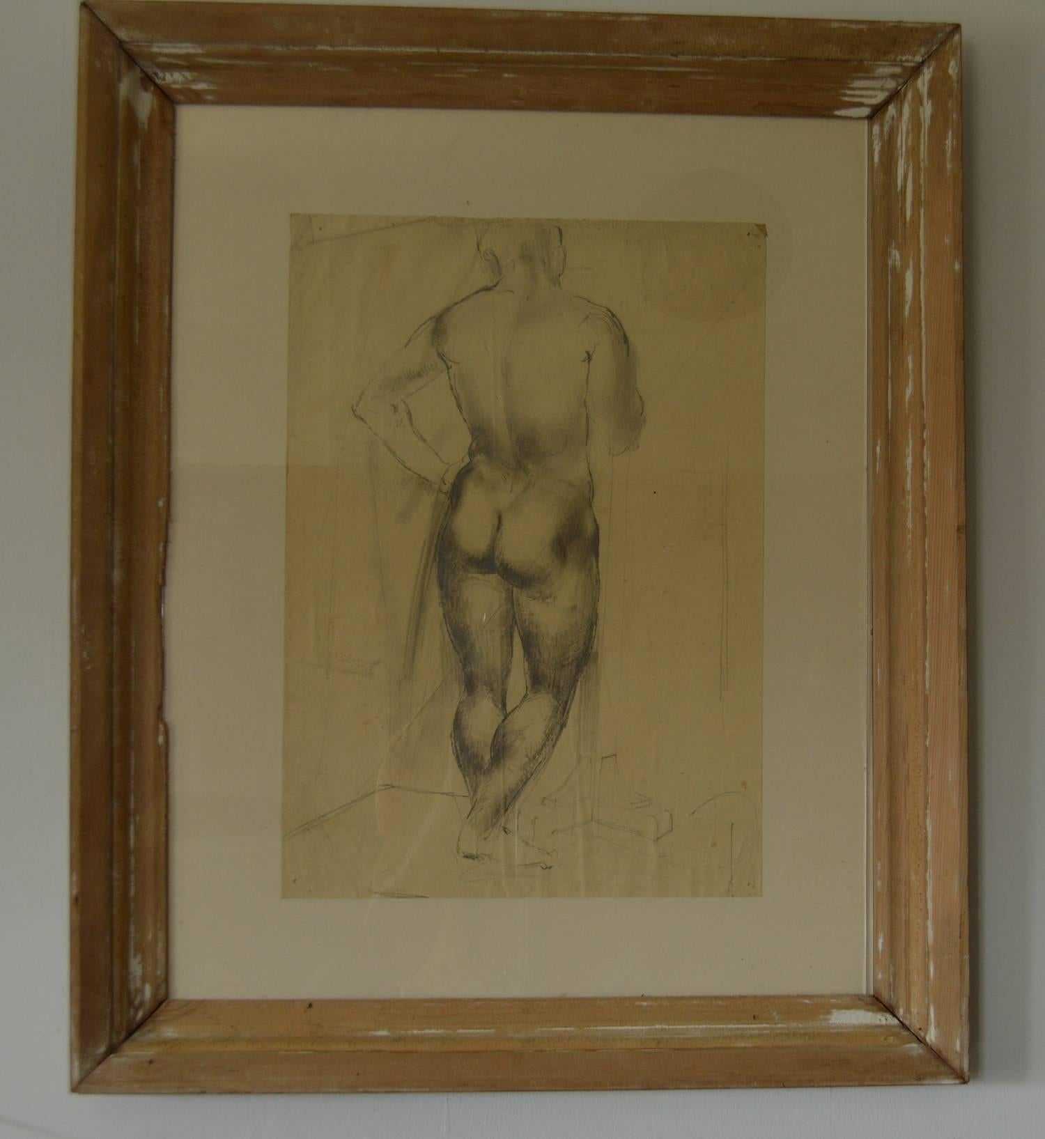 
Wonderful pencil and ink drawing of a male nude.

On paper. Unsigned.

Presented in an antique distressed pine frame.

The actual paper is not perfect. It is creased in places, drawing pin holes in the corners and detached from the backing