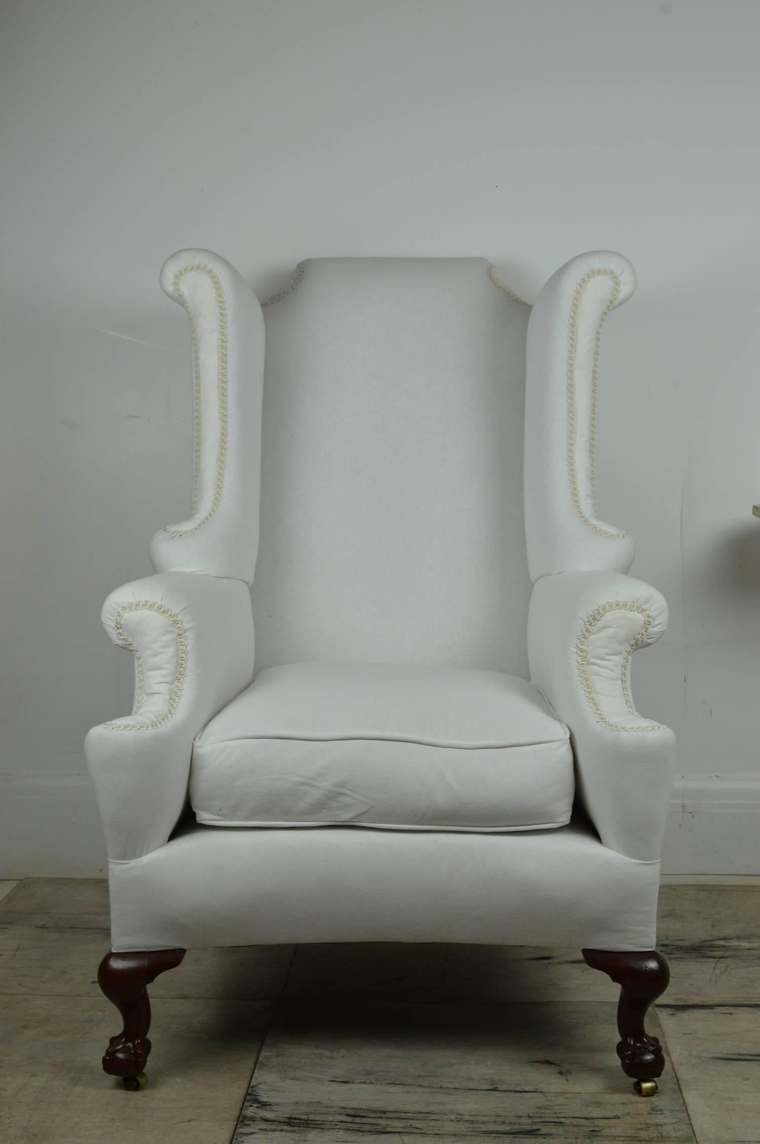 English Pair of Antique Georgian Style Wingback Chairs with Mahogany Claw and Ball Feet