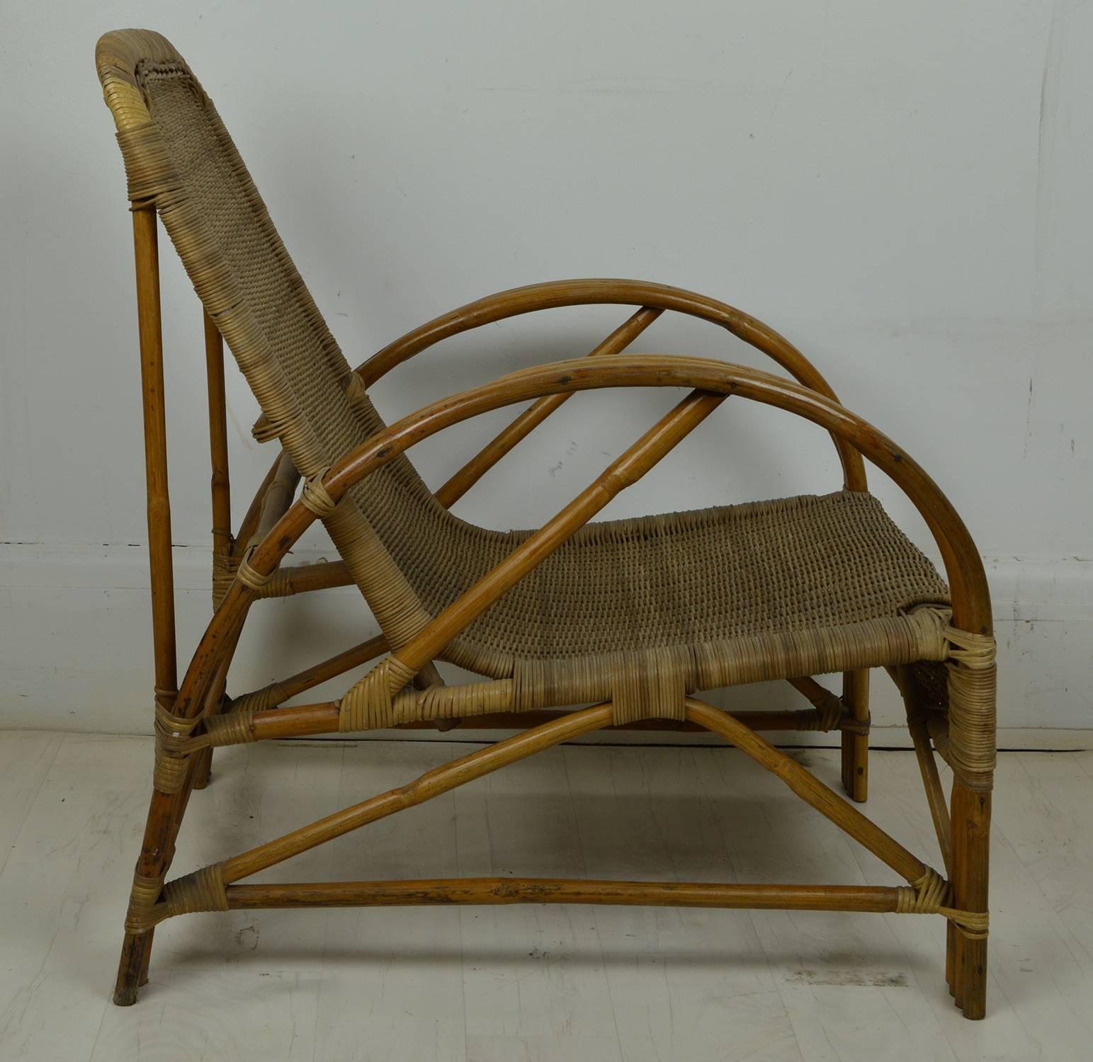 Stylish pair of bamboo and rattan chairs.

Particularly great Art Deco inspired profile.

They are probably French.

Good sturdy condition.

Priced individually so I am prepared to split them. You can buy just one.
       