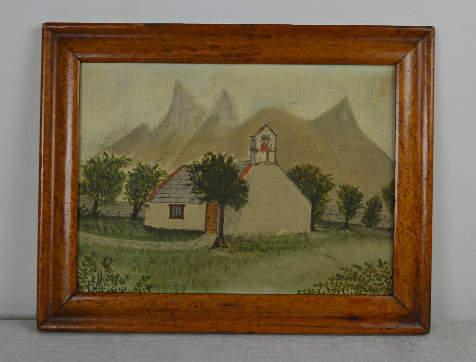 Folk Art Naive Painting of a Church in an Alpine Landscape, Late 19th Century