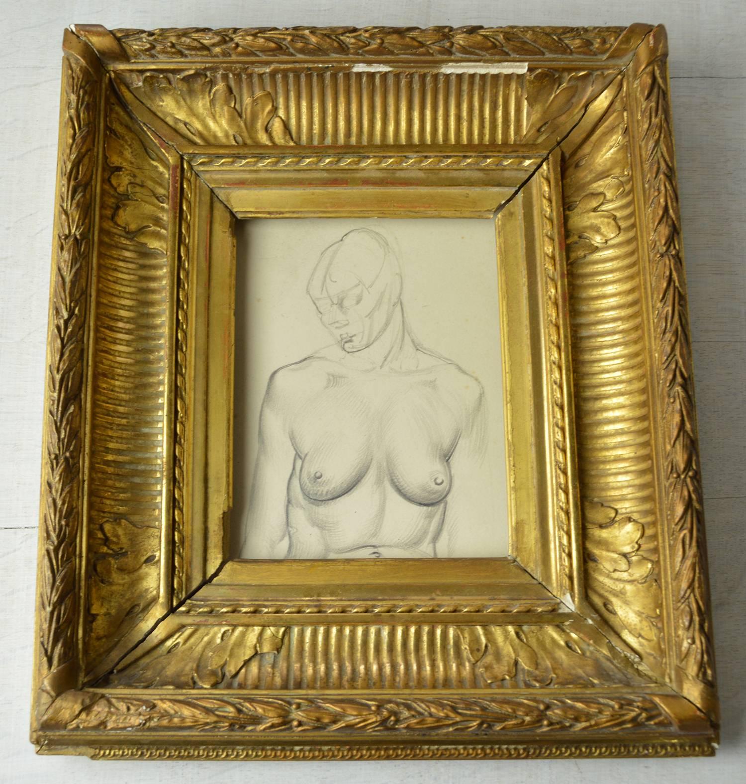 Wonderful pencil drawing of a female nude.

On paper. Unsigned.

Presented in an antique gilt frame.

The actual paper is not perfect. It is creased in places, drawing pin holes in the corners and detached from the backing board in several