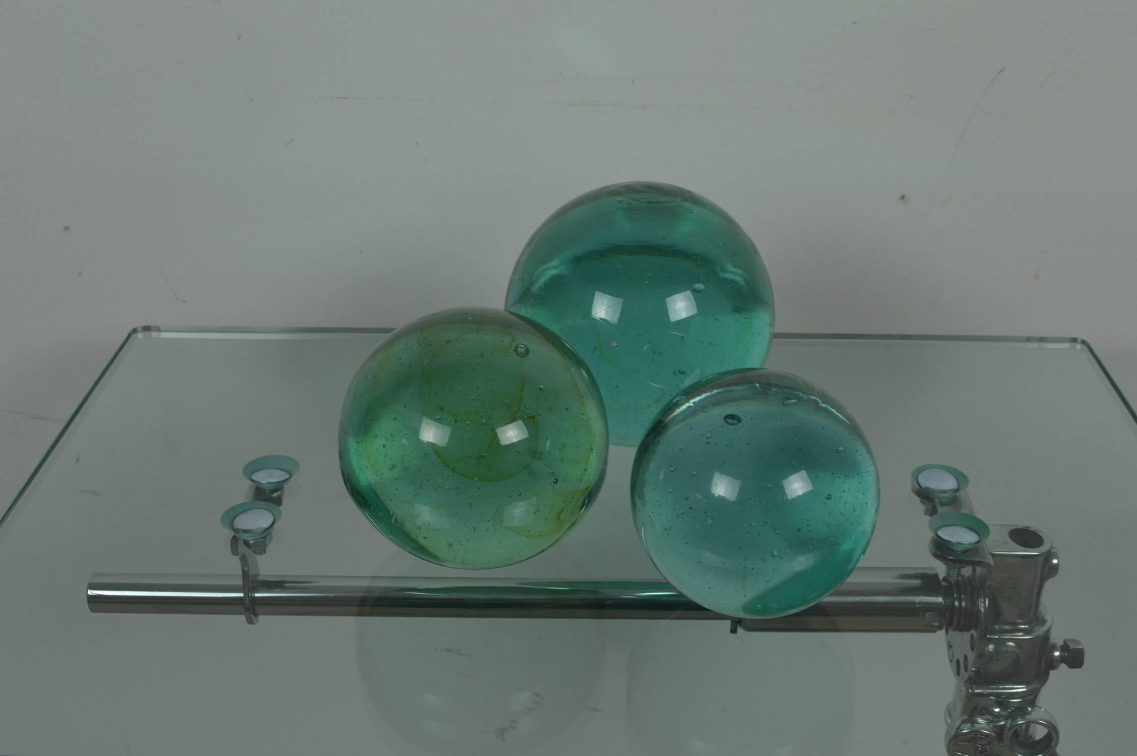 Modern Group of Three Vintage Spherical Green Glass Paperweights