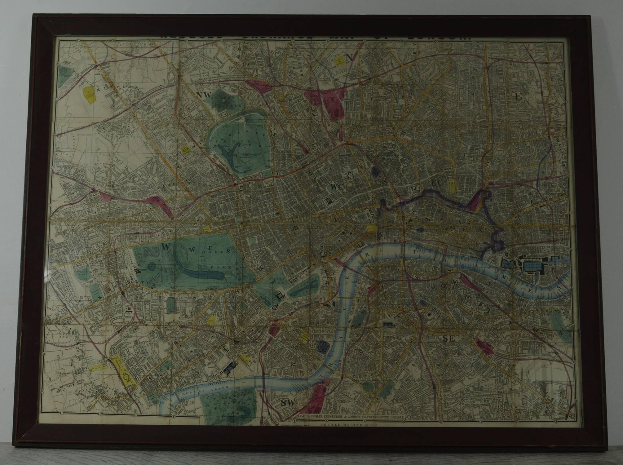 Fabulous colorful map of London in a glazed vintage frame.

Original color.

Not dated but estimated circa 1870.

Showing the area from Holland Park in the west to Southwark Park in the east.
 