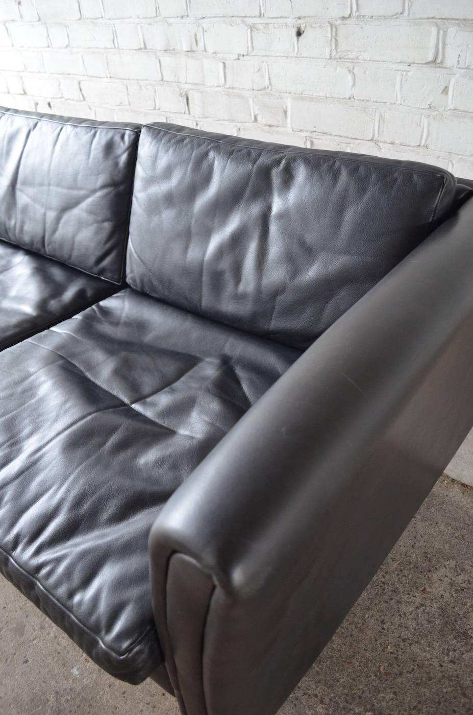 Mid-Century Modern Black Leather Danish Midcentury Sofa, 1960s For Sale