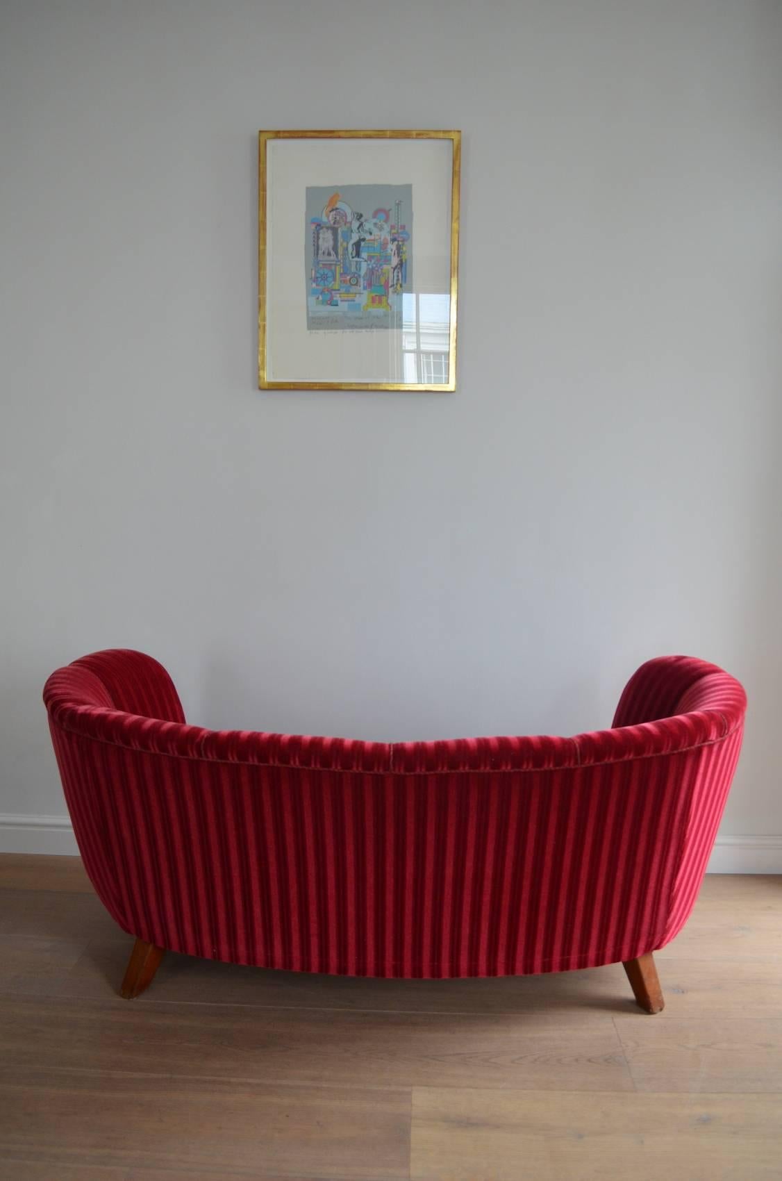 Danish 1930s-Early 1940s Art Deco Banana Form Red Velvet Sofa 3