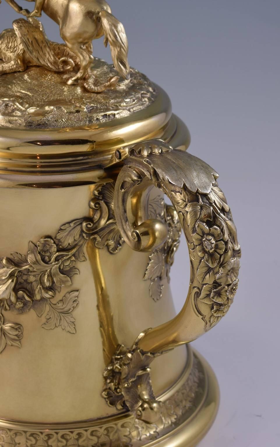English Victorian Silver-Gilt Lidded Jug by C. F. Hancock with St George and the Dragon For Sale