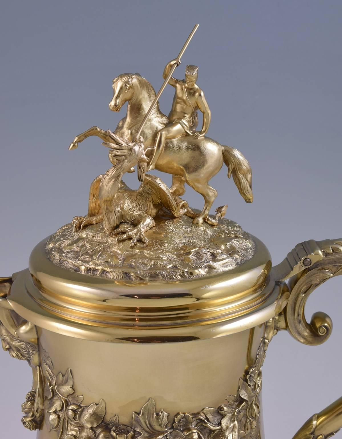 Victorian Silver-Gilt Lidded Jug by C. F. Hancock with St George and the Dragon In Excellent Condition For Sale In London, GB
