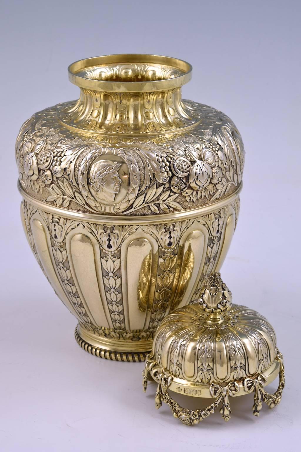English Charles II Style Chased Sterling Silver Gilt Ginger-Jar For Sale
