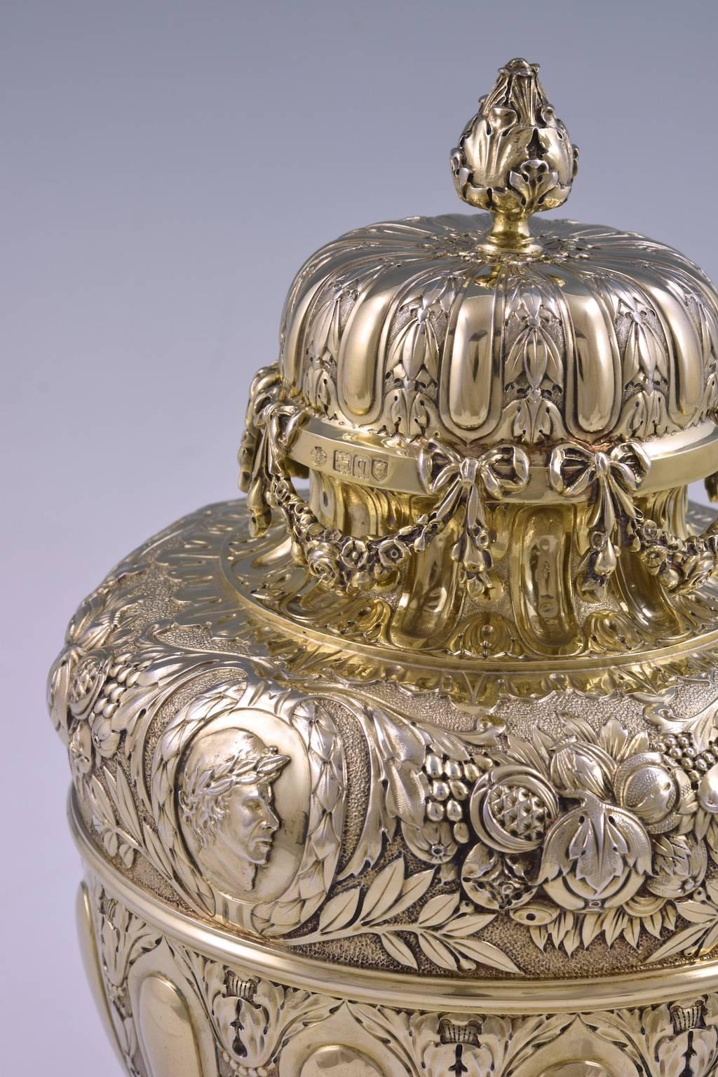 Embossed Charles II Style Chased Sterling Silver Gilt Ginger-Jar For Sale