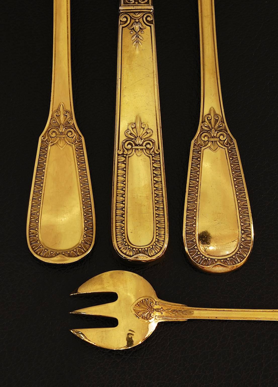 Empire Comprehensive French Silver-Gilt Flatware Service by Tetard Freres For Sale