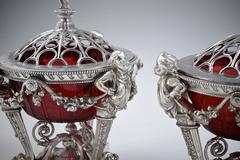 Decorative Pair of Silver Plate and Ruby-Glass Rose-Bowls and Coverers