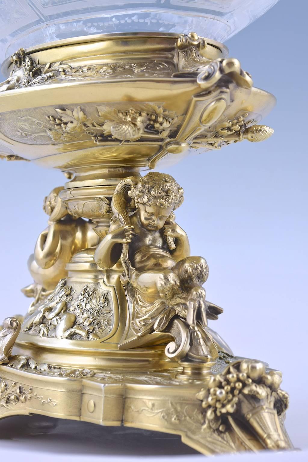 Baroque Revival Sterling Silver Gilt and Engraved Glass Centrepiece by Elkington & Co For Sale