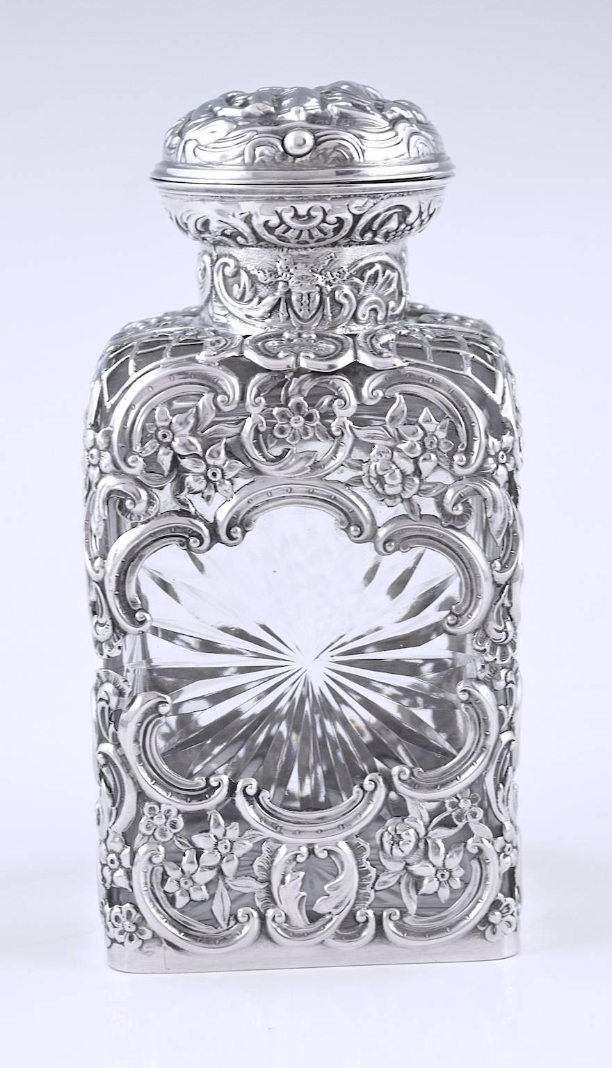 English Three Edwardian Silver Mounted Glass Perfume Bottles For Sale