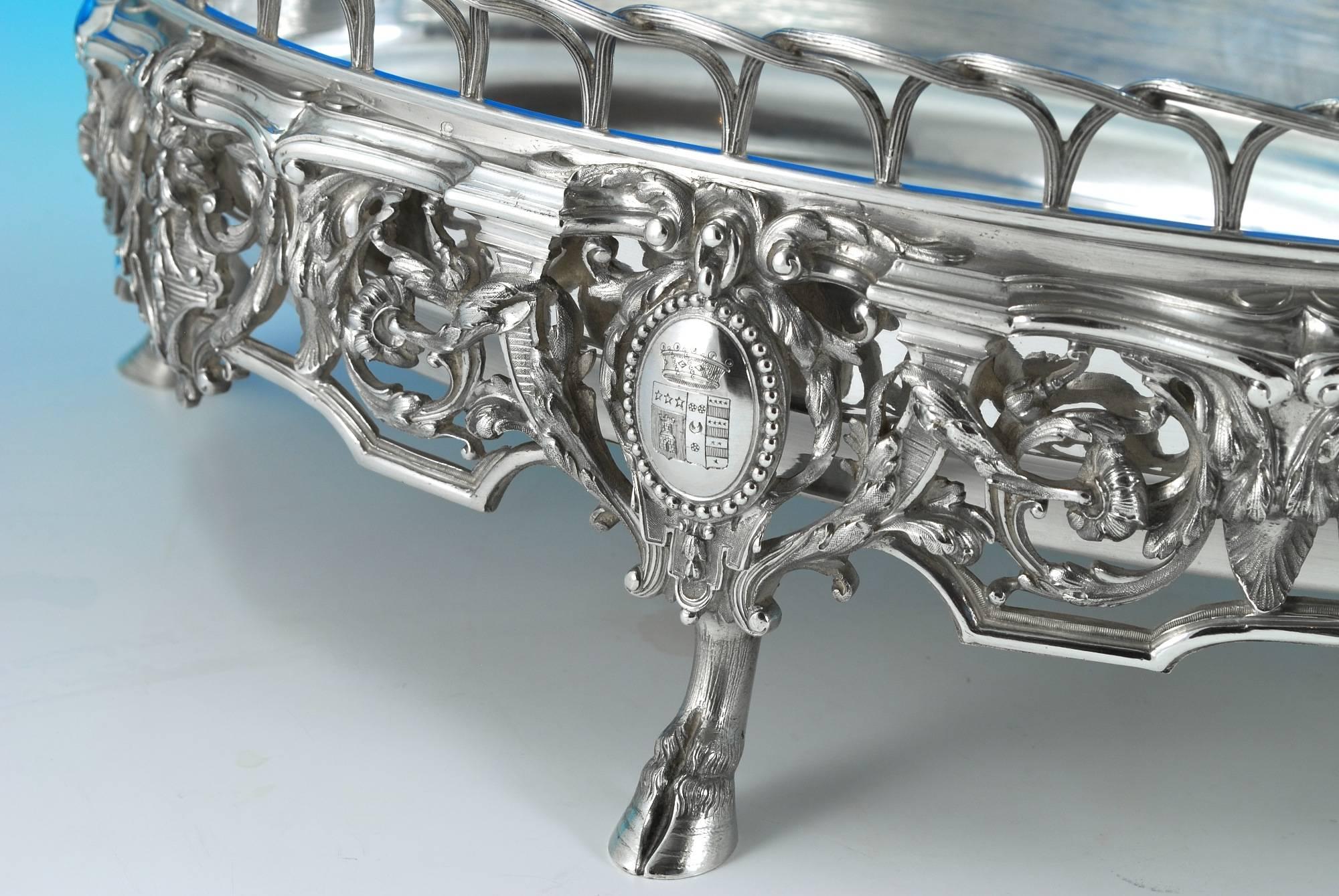 Silver jardiniere by Sollier, Paris, circa 1890.

Measures: 17 1/2 inches (44cm) long,
11 1/2 inches (29cm) wide,
6 inches (15cm) high

Weight 97oz (3020g).