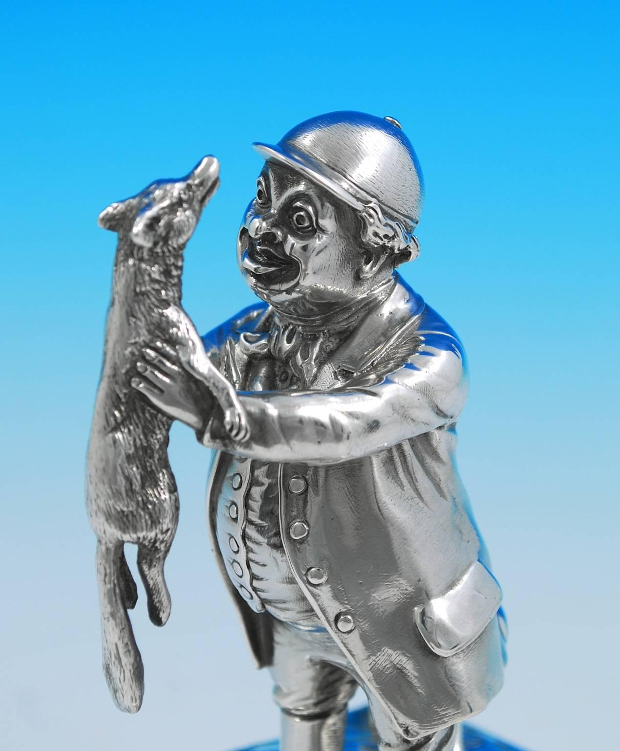 
A Victorian silver novelty smokers compendium in the form of John Smith Surtees’ satirical character Mr. Jorrocks.

Hallmarked for Edward Charles Brown, London, 1881.

Measures: 6 inches (15.2cm) high.
The base 4 inches (10.2cm) by 3 1/2