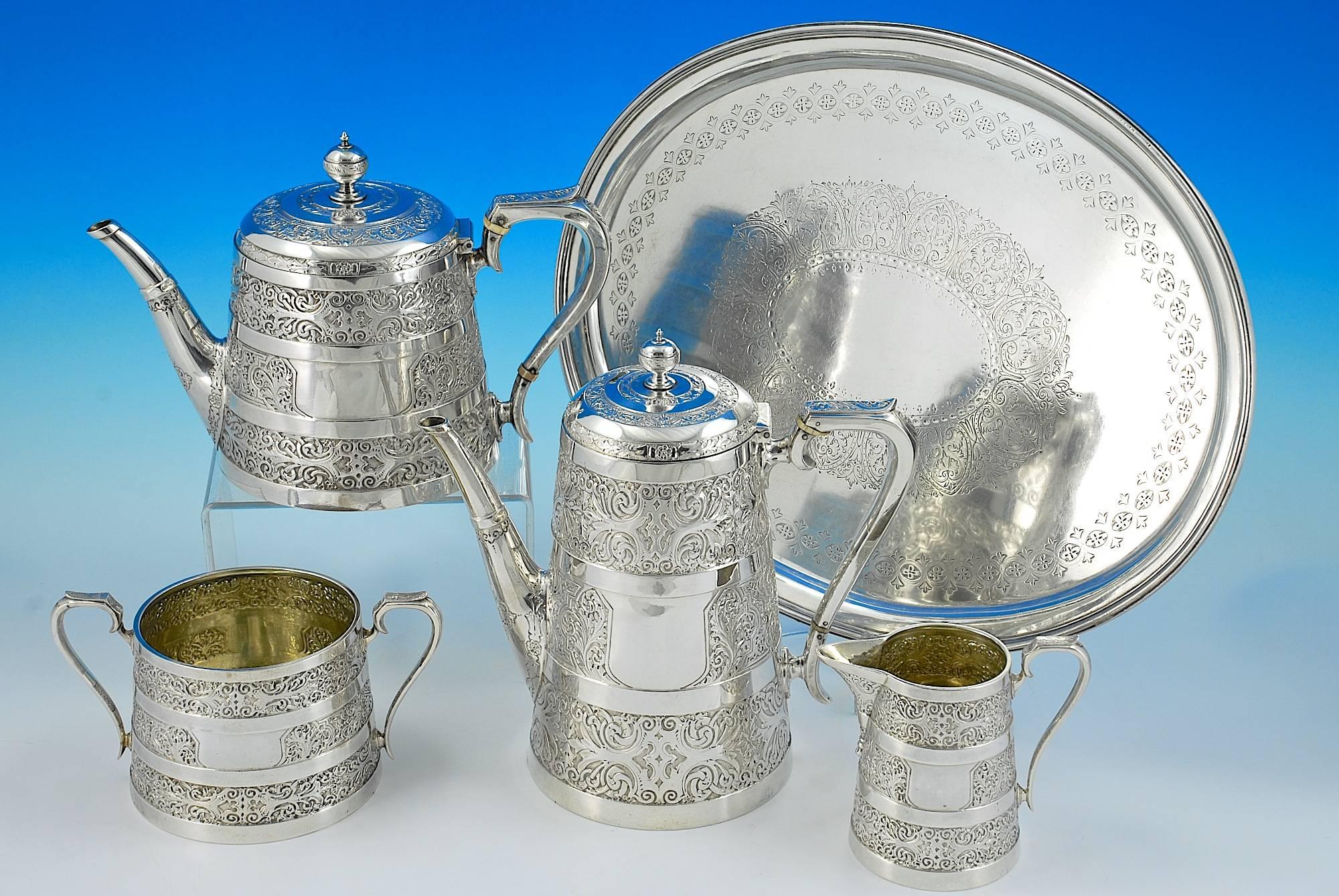English Victorian Sterling Silver 'Venetian' Canteen of Cutlery for 12 and Tea-Set For Sale
