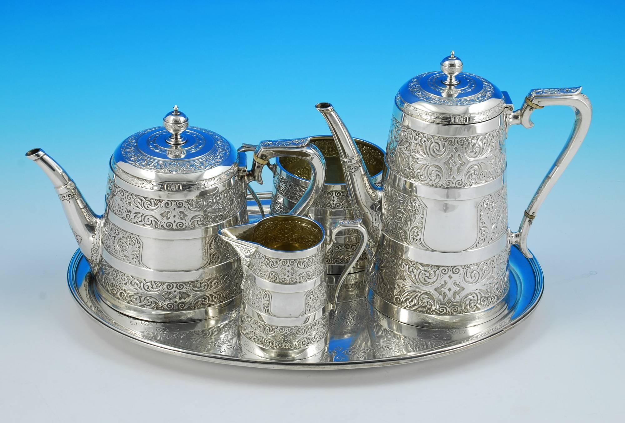 19th Century Victorian Sterling Silver 'Venetian' Canteen of Cutlery for 12 and Tea-Set For Sale